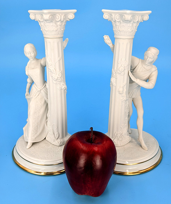 Vintage 1986 Franklin Mint Romeo and Juliet Fine Bisque Porcelain Candlesticks 