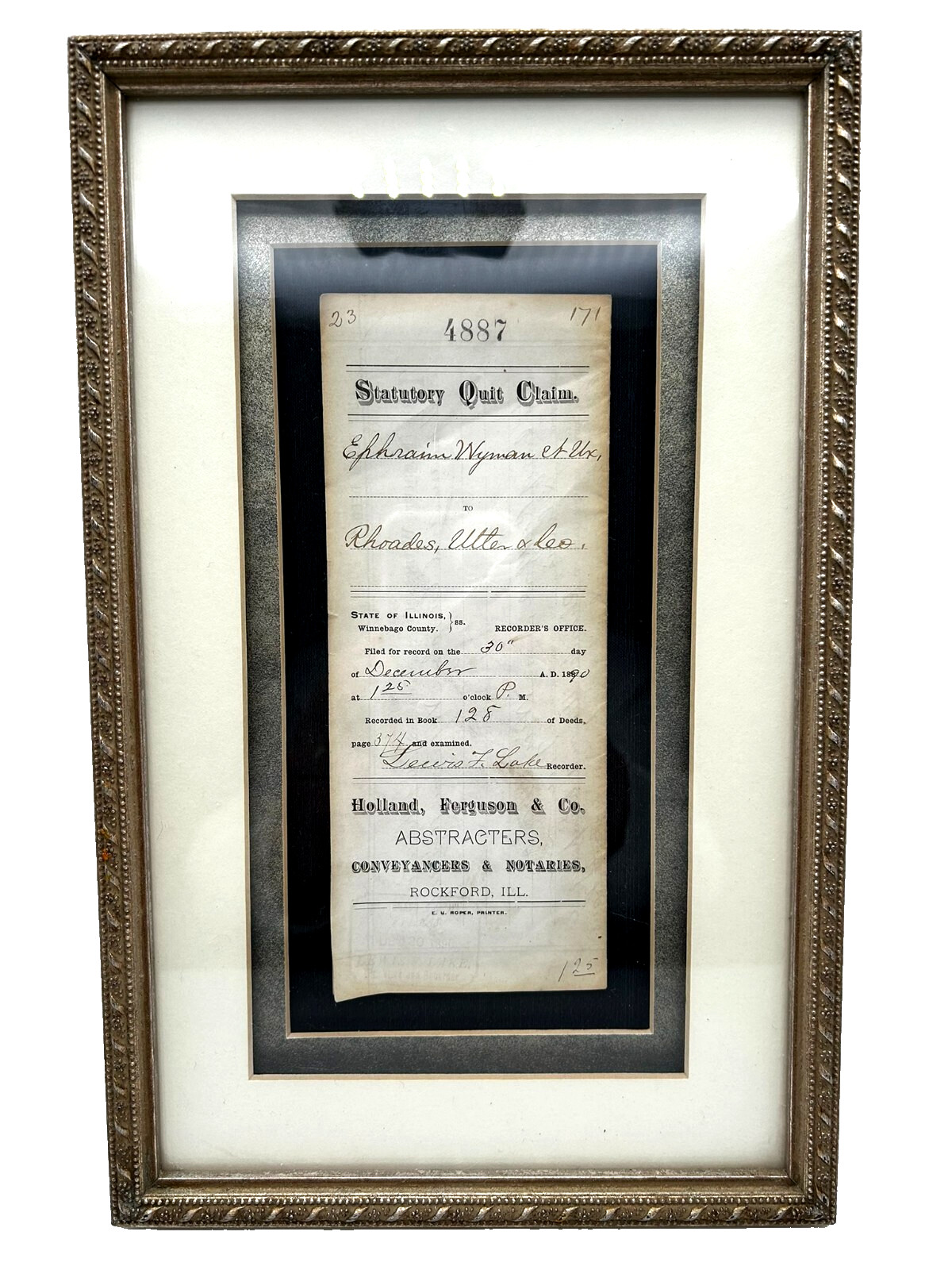 Antique c1890 Framed Quit Claim Deed Holland Ferguson & Co. Rockford Illinois