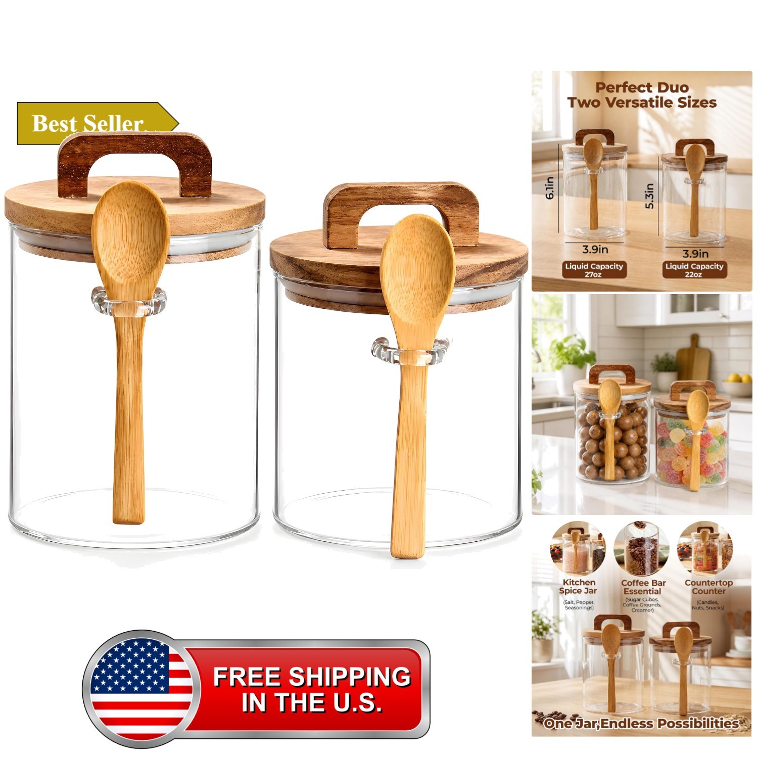 Sugar Bowl with Lid And Spoon,2 Pack Large Glass Salt Sugar Jars Container St...
