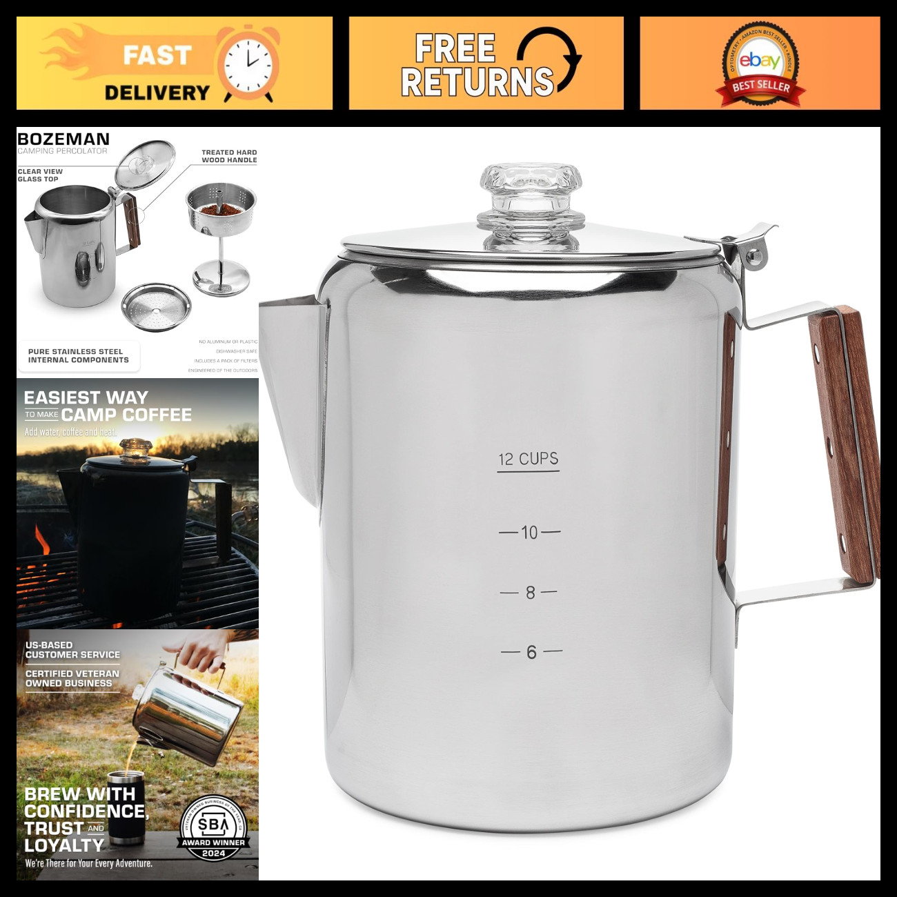 12-Cup Percolator Coffee Pot - Stainless Steel, No Aluminum or Plastic, Durable