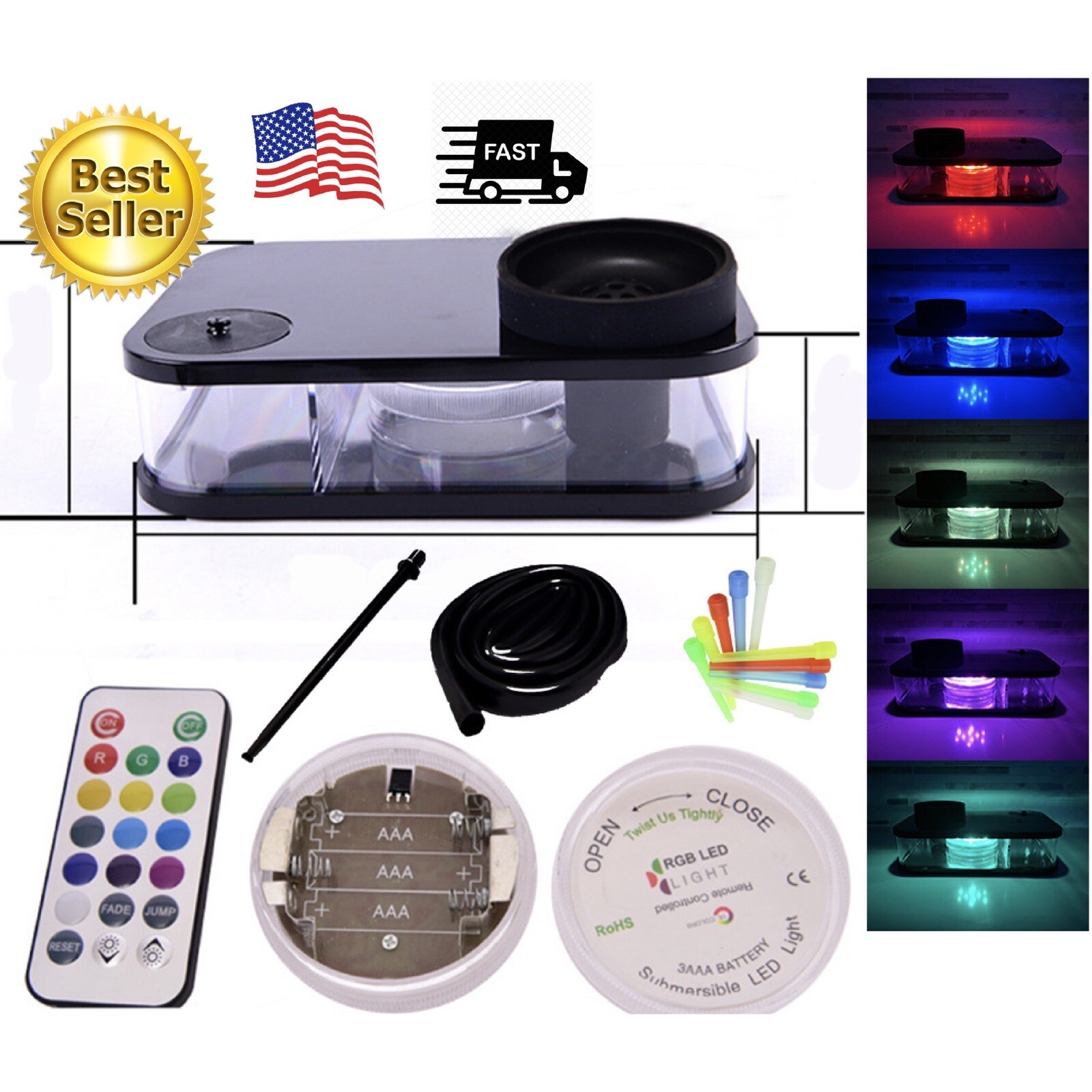 Portable Hookah Set W/ LED Light Square Box Acrylic Hookah Shisha w/ Bowl Black