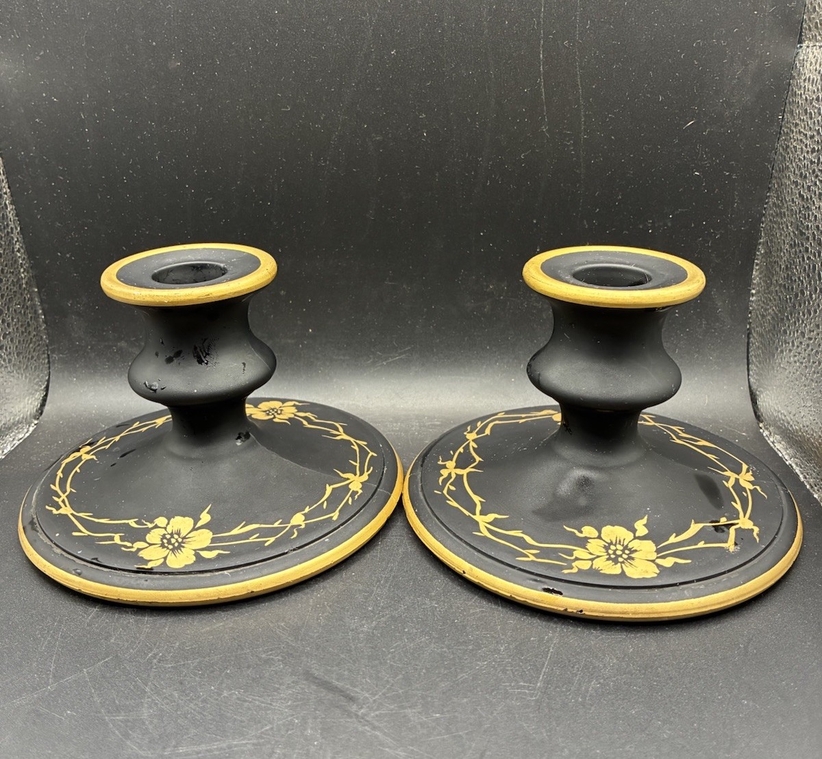 Antique Tiffin Glass Taper Candle Holder Pair Black Stain Gold Decorated 1920s