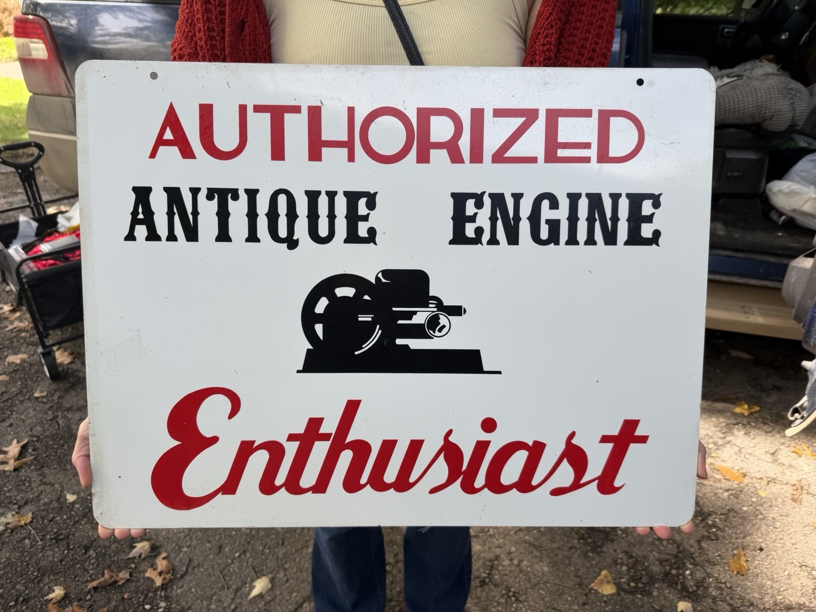 Vtg Antique Engine Hit & Miss Sign Metal Gas Oil Enthusiast Authorized Dbl Side