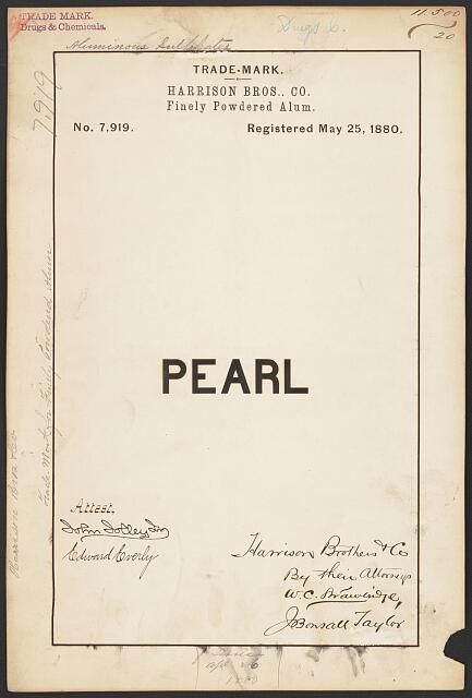 Photo:Harrison Bros Co Pearl Brand Finely Powdered Alum Trademark 1880