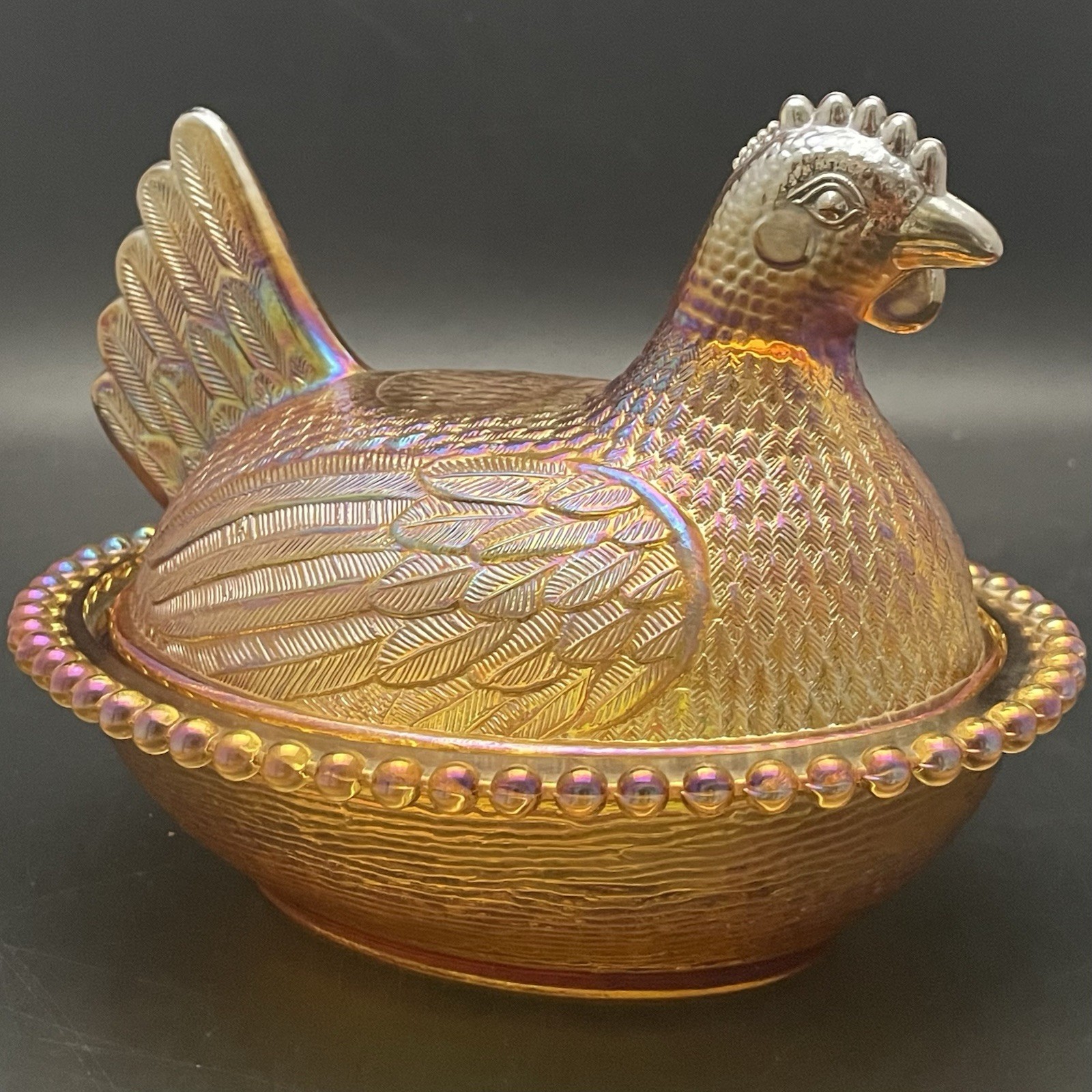 Indiana Iridescent Gold Carnival Glass Hen on Nest Candy Box c1970s USA 5.5”t