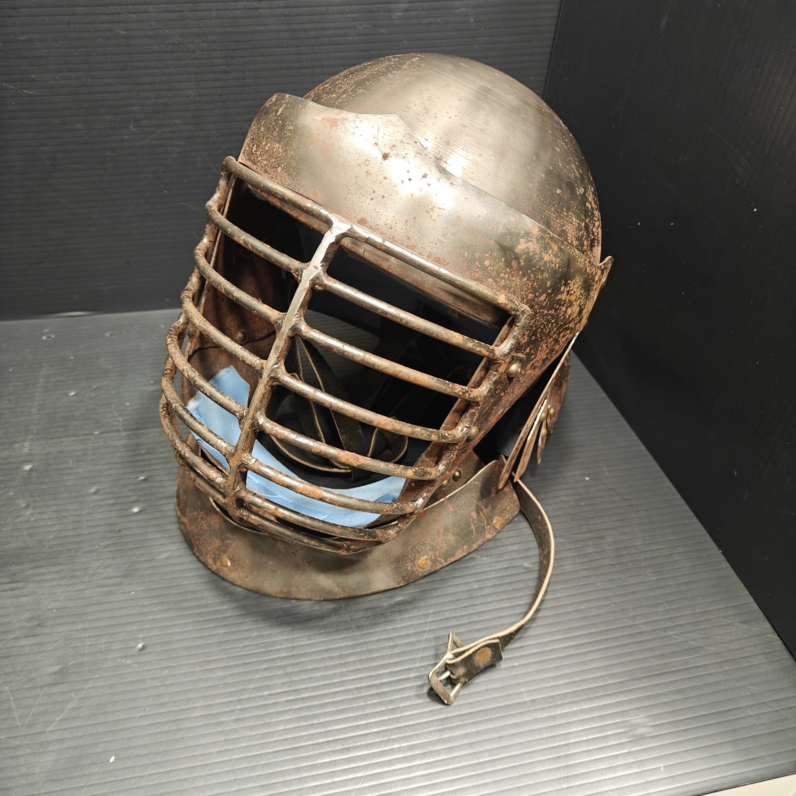 Steel SCA Helmet Bar Grill Visor Medieval Combat Armor Lames Neck Guard Rusty