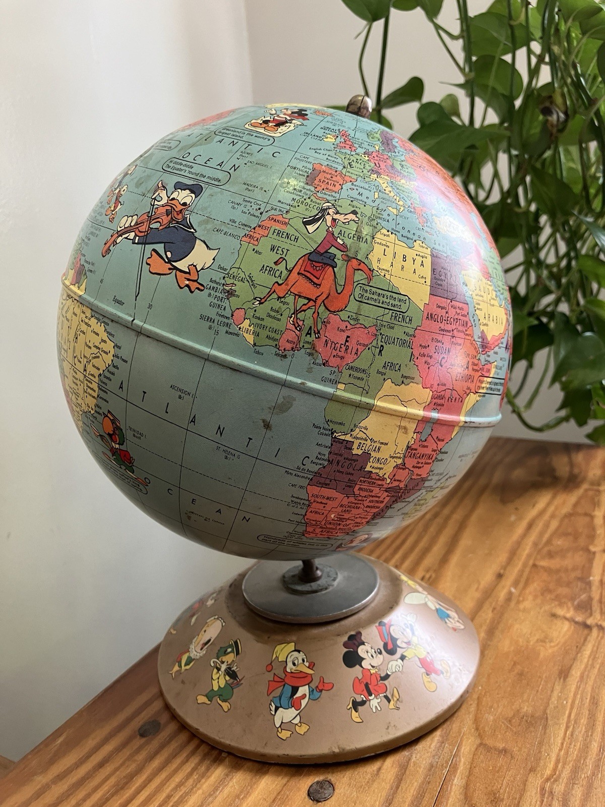 Vintage Walt Disney Rand McNally World Globe Mid Century Characters 1950's Tin