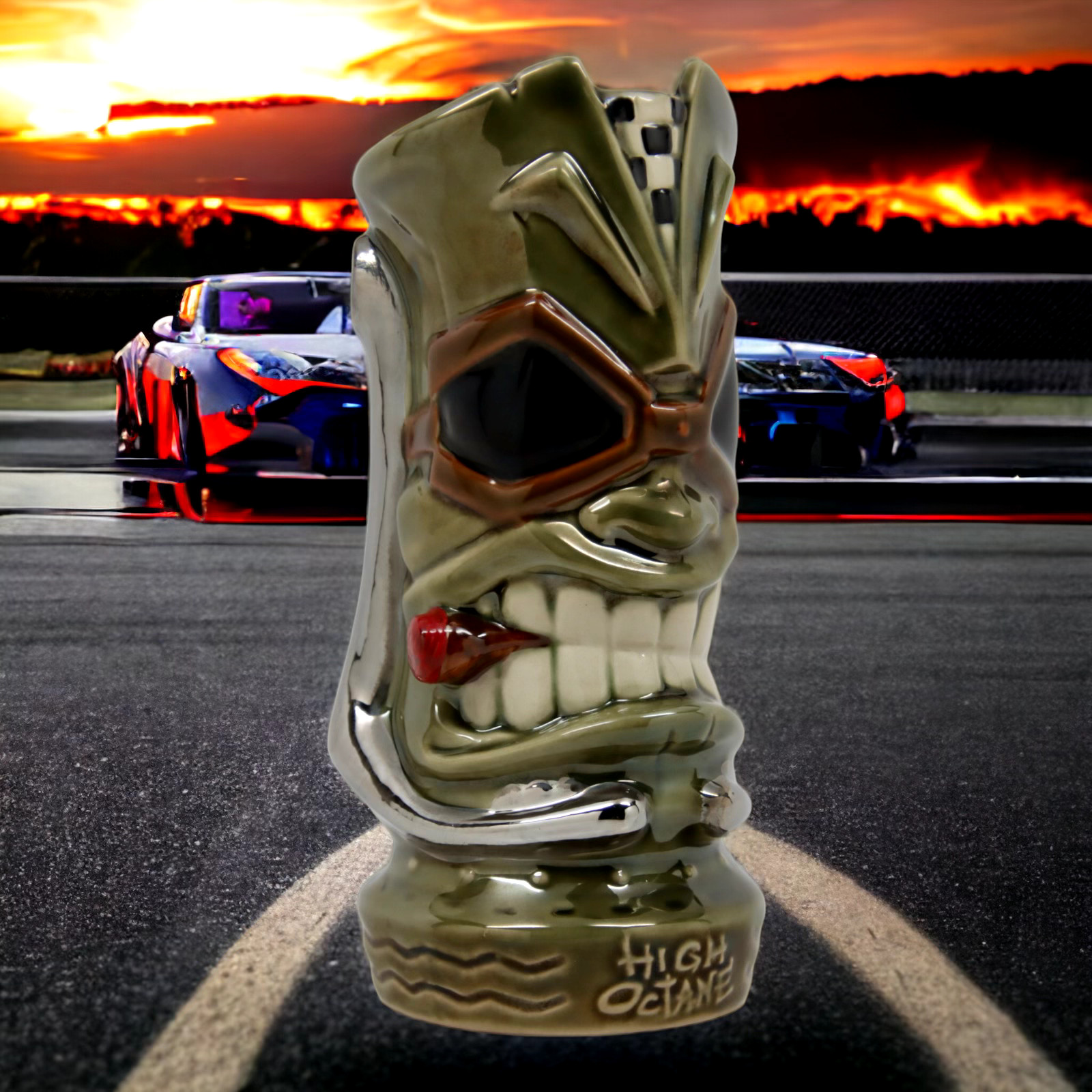 2012 Tiki Farm HIGH OCTANE Tiki Mug w Platinum Exhaust Pipes by Tony Squindo (B)