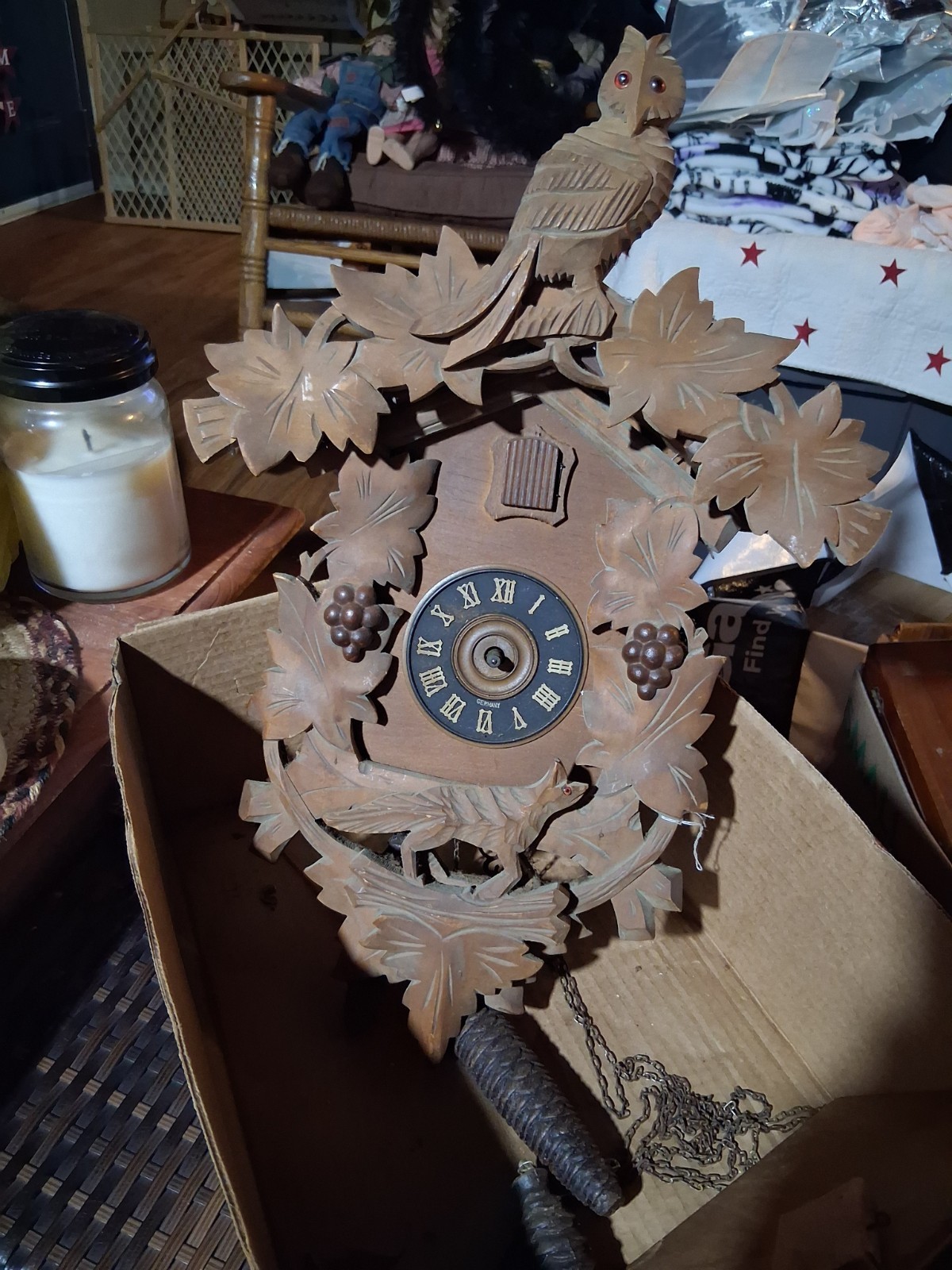 German Black Forest Cuckoo Clock w/Hand Curved Bird & Leaves[ Parts Or FIX]