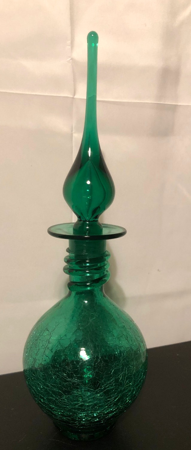 Vtg Pre Viking Rainbow Emerald Green Crackle Glass Decanter w/Teardrop Stopper