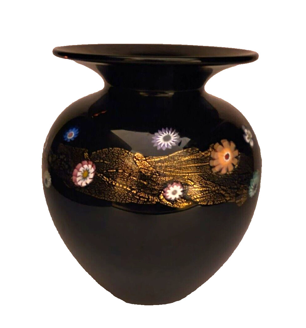 Ken & Ingrid HANSON Art Glass Blossom Vase Black & Millefiori 7\