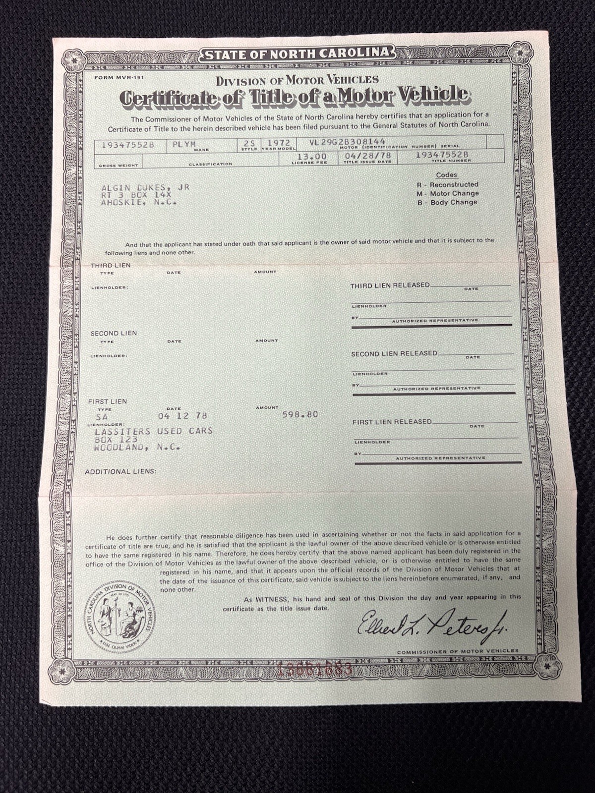 Genuine Original 1972 Plymouth Duster V8 Sport Coupe NC Car Title VL29G2