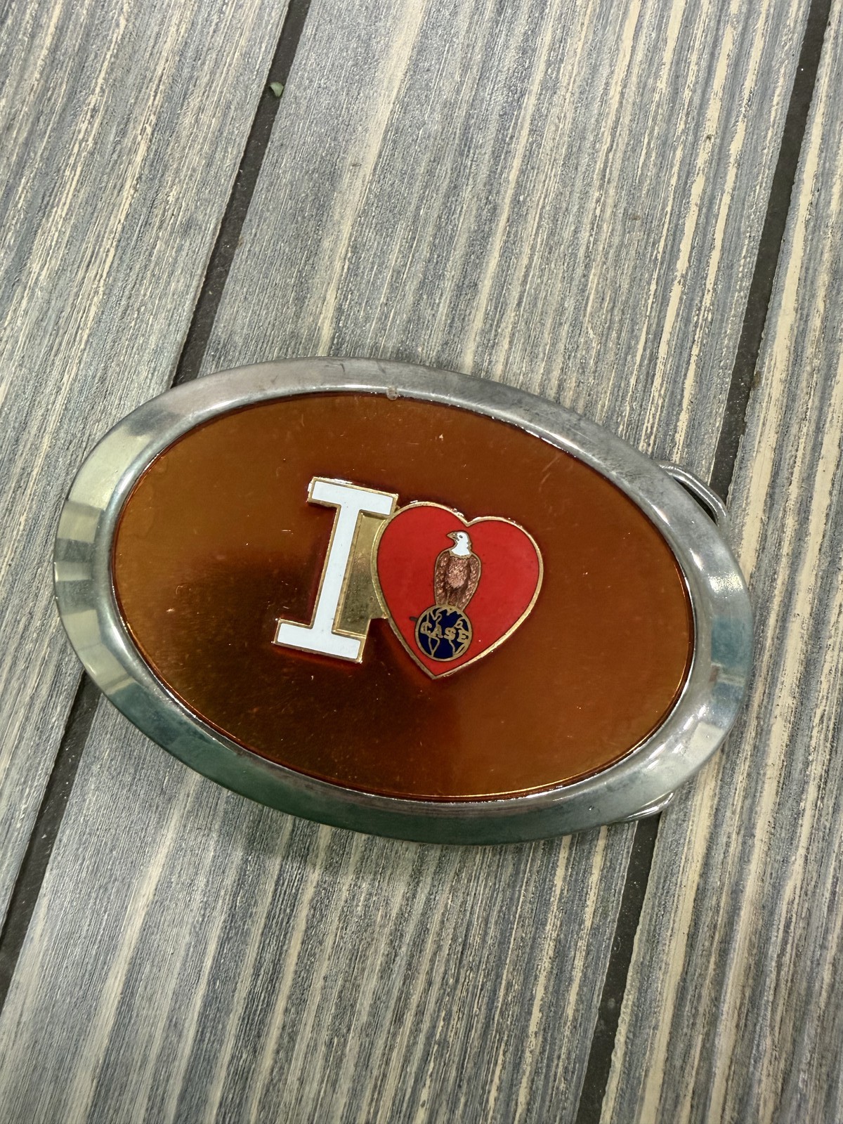 Vintage I Love Eagle Bird Red Heart Brown Belt Buckle Metal Oval Patriotic