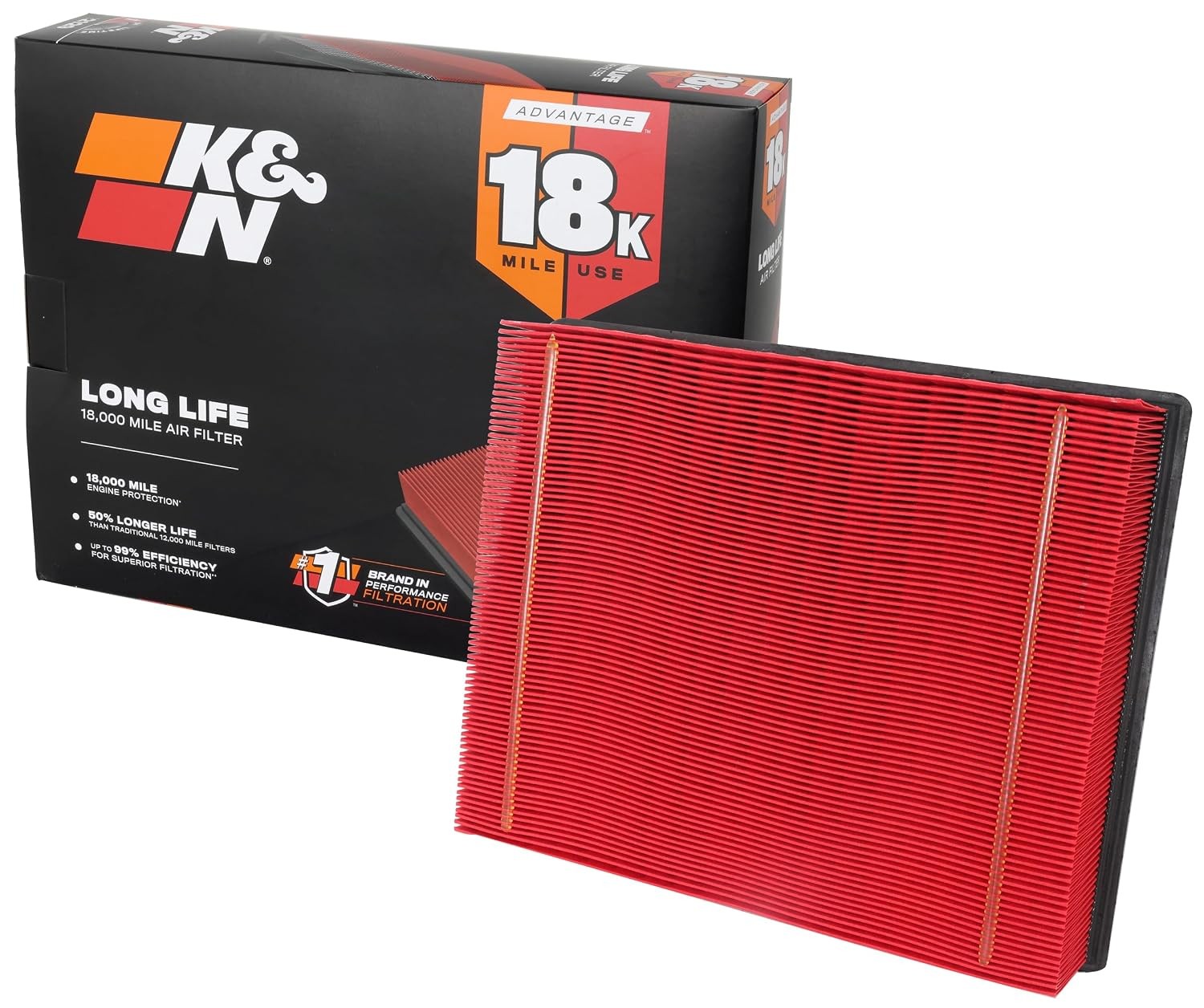 K&N Long Life 18,000 Mile Engine Air Filter Replacement for High Mileage Cars