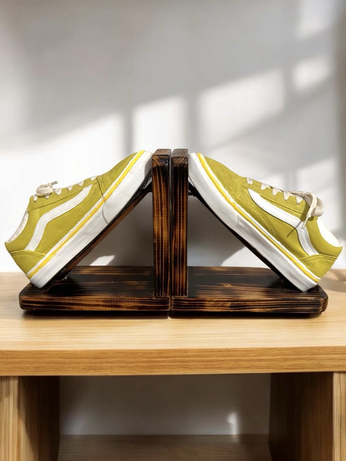 Handmade Old Skool Vans Sneaker Bookends Mustard Yellow Burnt Wood Unique Decor