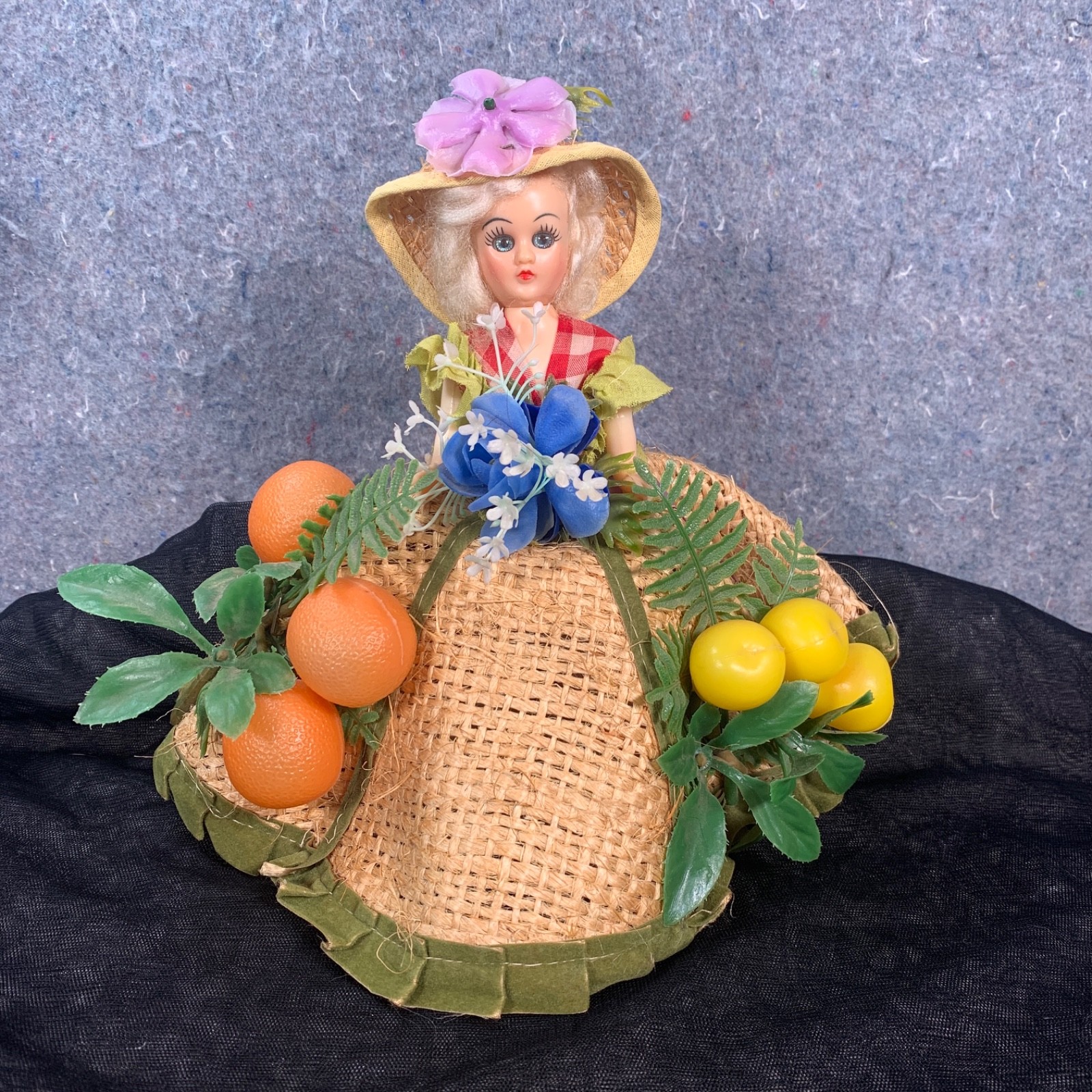 Vintage Florida Souvenir Doll Plastic Flowers Orange Pear Fruit Blue Sleep Eyes