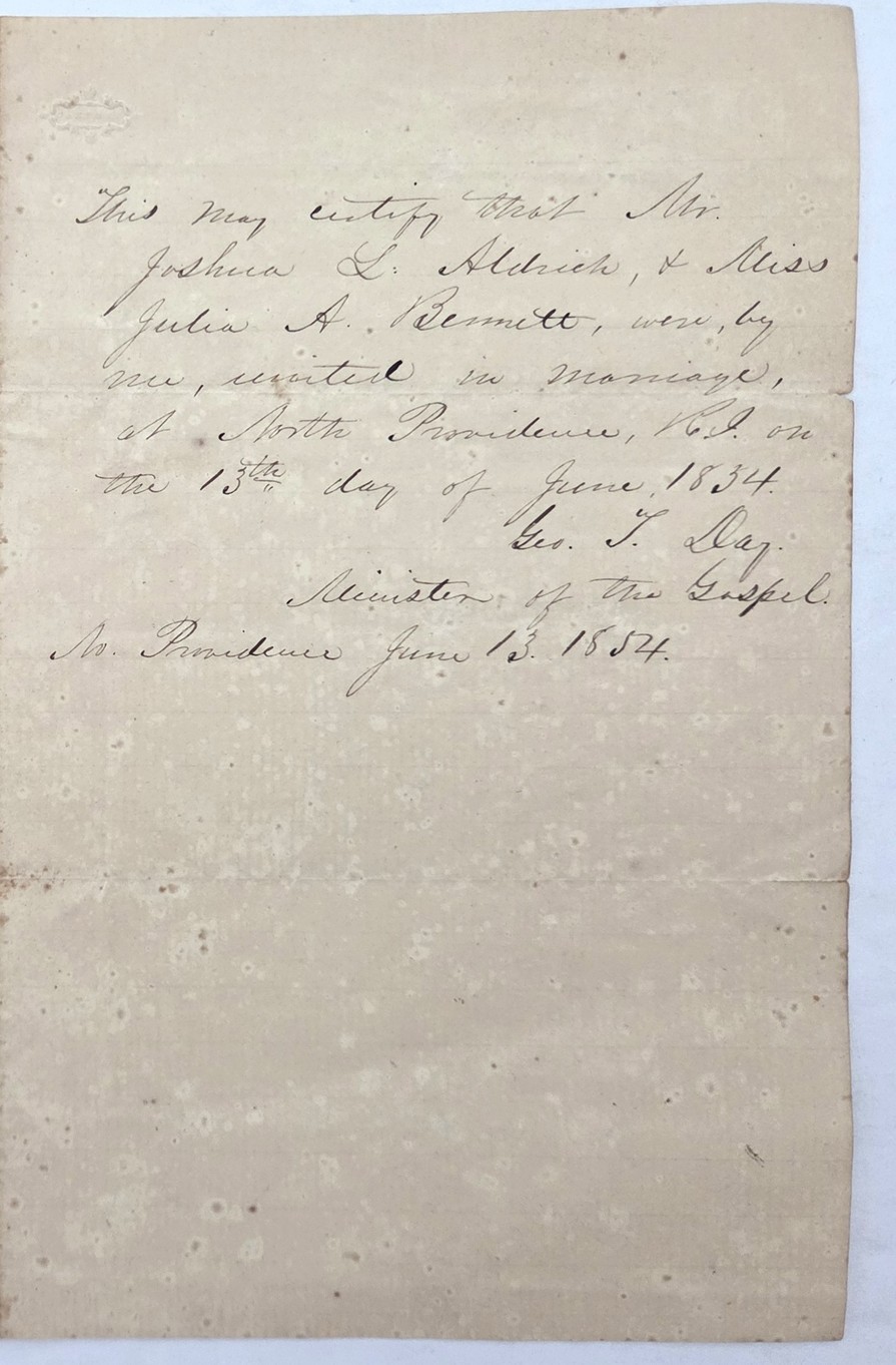 1854 antique MARRIAGE CERTIFICATE n. providence ri JOSHUA ALDRICH JULILA BENNETT