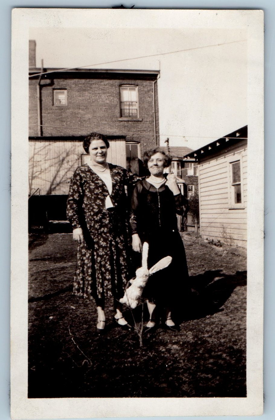 c1930's Two Women With Stuffed Animal Bunny Toy American Vintage Snapshot Photo