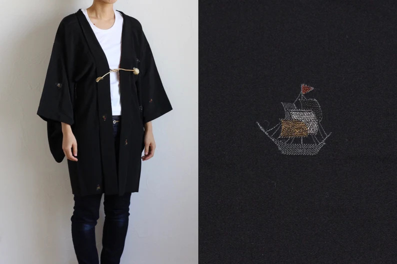 Vintage Japanese Haori Black Orange Floral Lining Gold Tassel Ties Embroidery