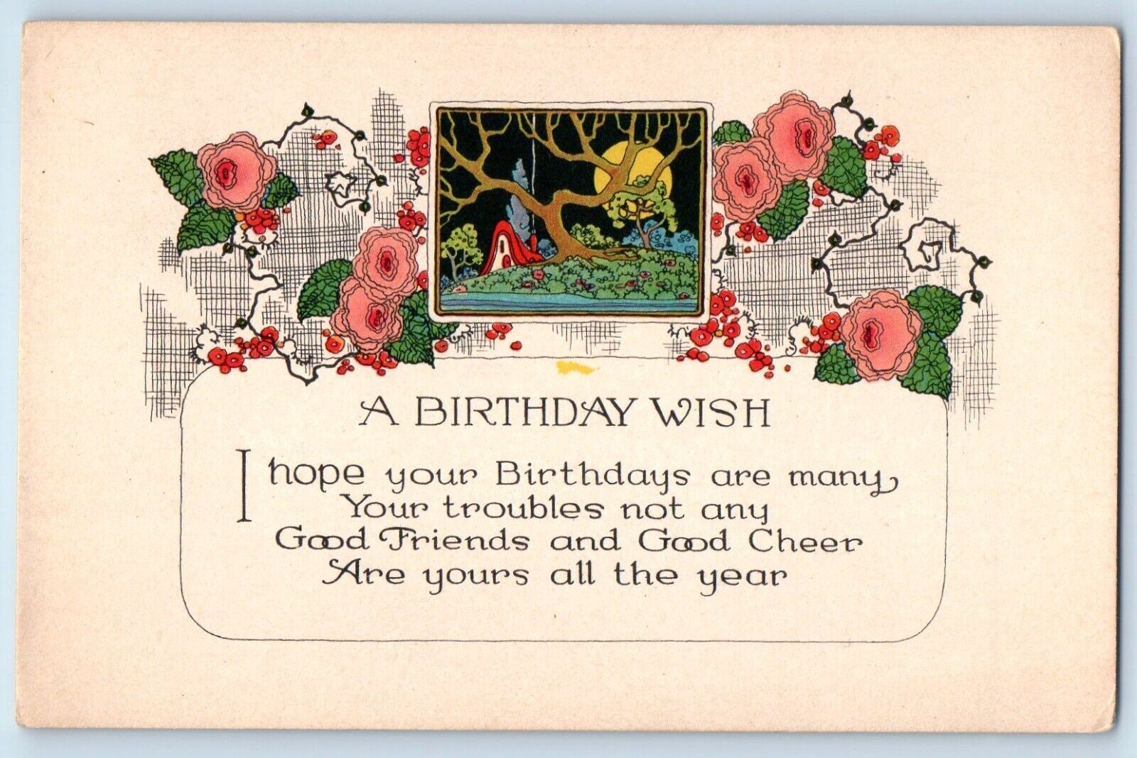 c1910's Birthday Wish Message Arts Crafts Flowers Antique Unposted Postcard