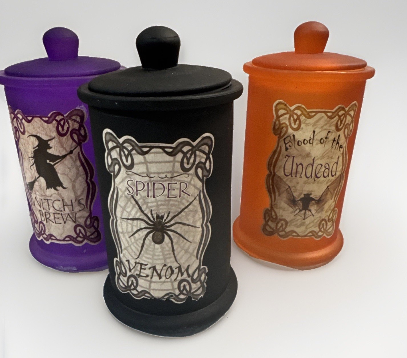 Lot 3 Halloween Bottle Jar Witches Brew & Blood of the Undead & Spider Venom