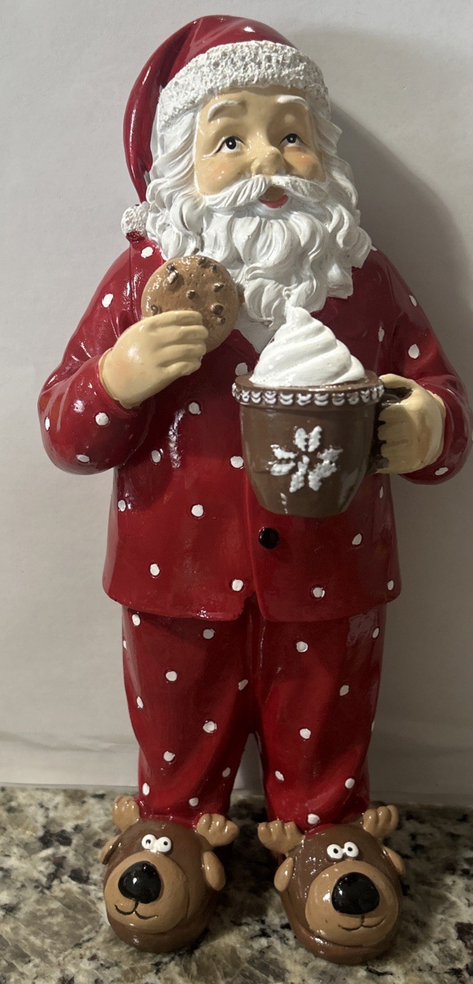 Santa Claus Figurine Red polka Dot Pjs Hot Cocoa & Choc Chip Cookie 🍪 10”