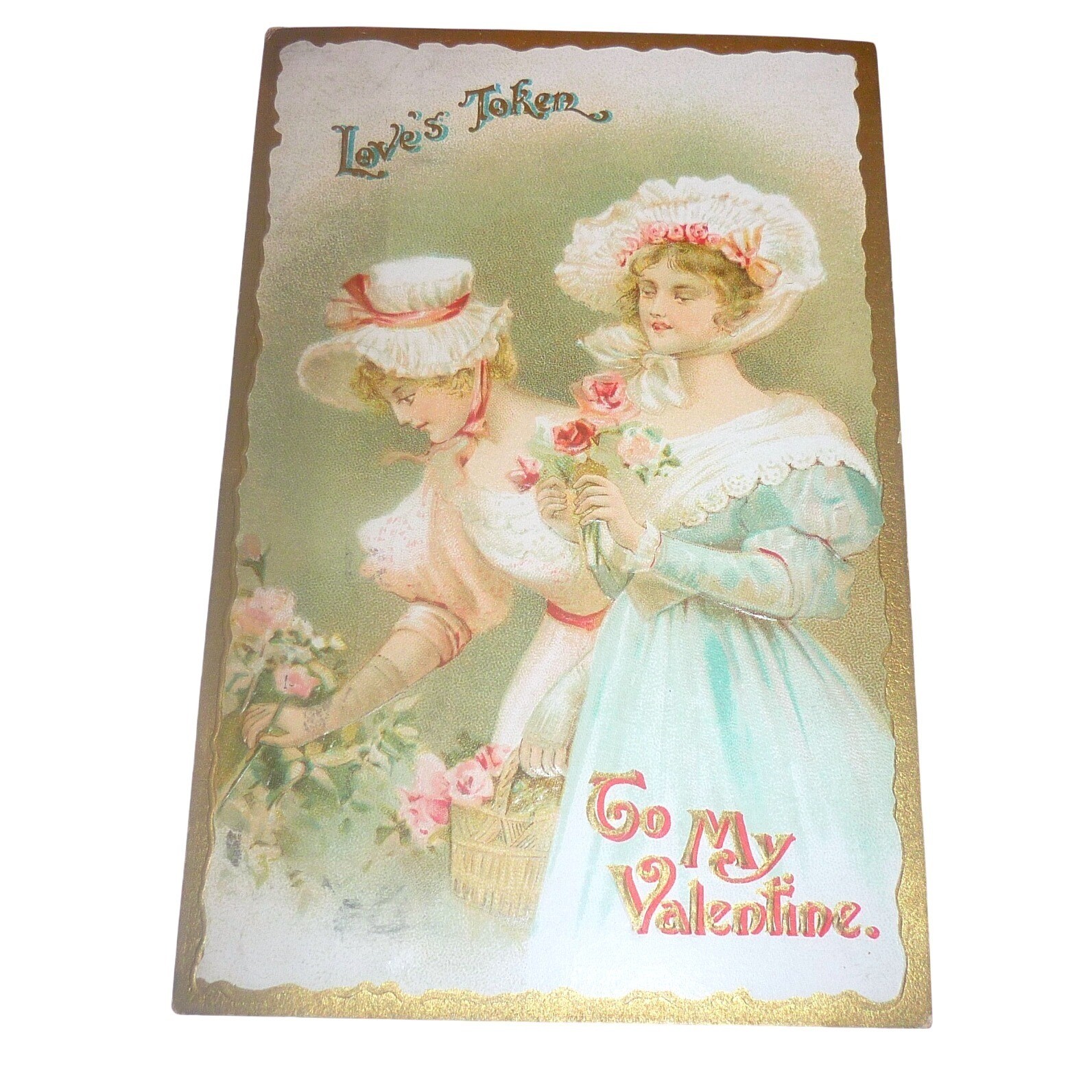 Vintage 1915 Valentine Postcard Love\'s Token Victorian Women Embossed Germany