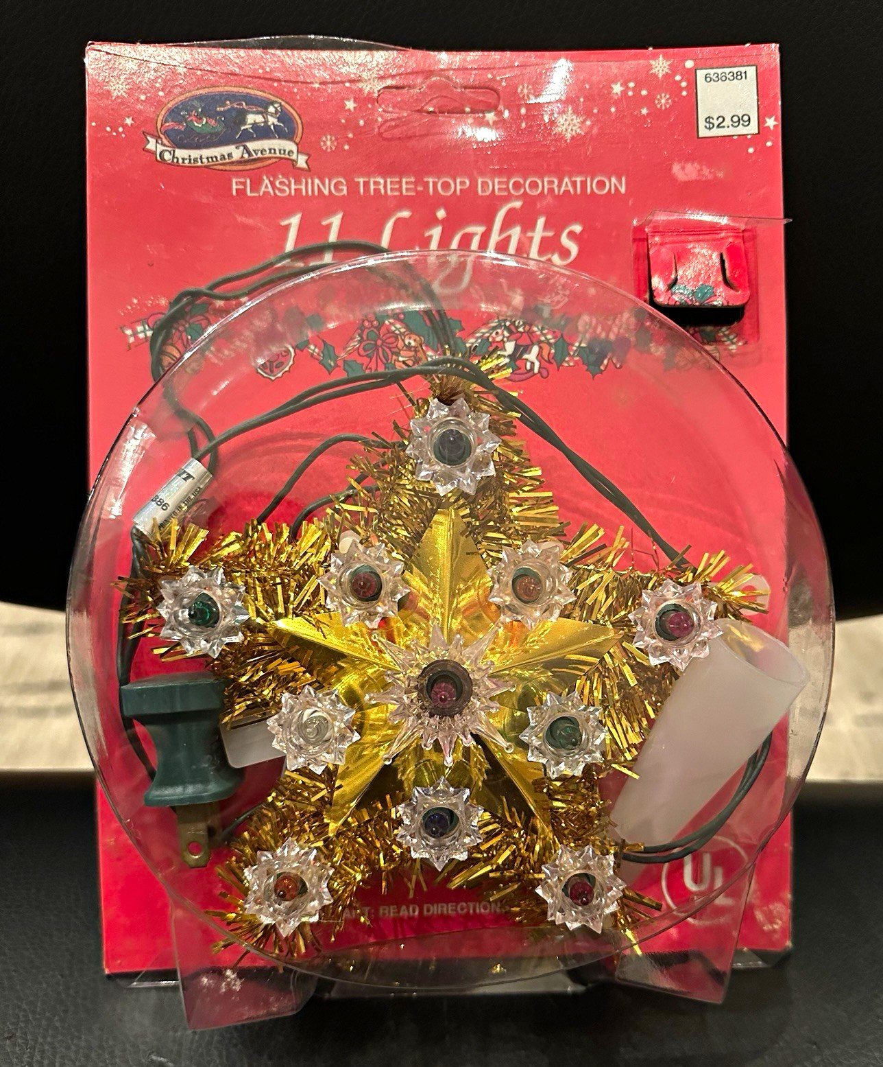 Vintage Christmas Avenue 11 Light Flashing Tree Topper Gold Tinsel Star Retro