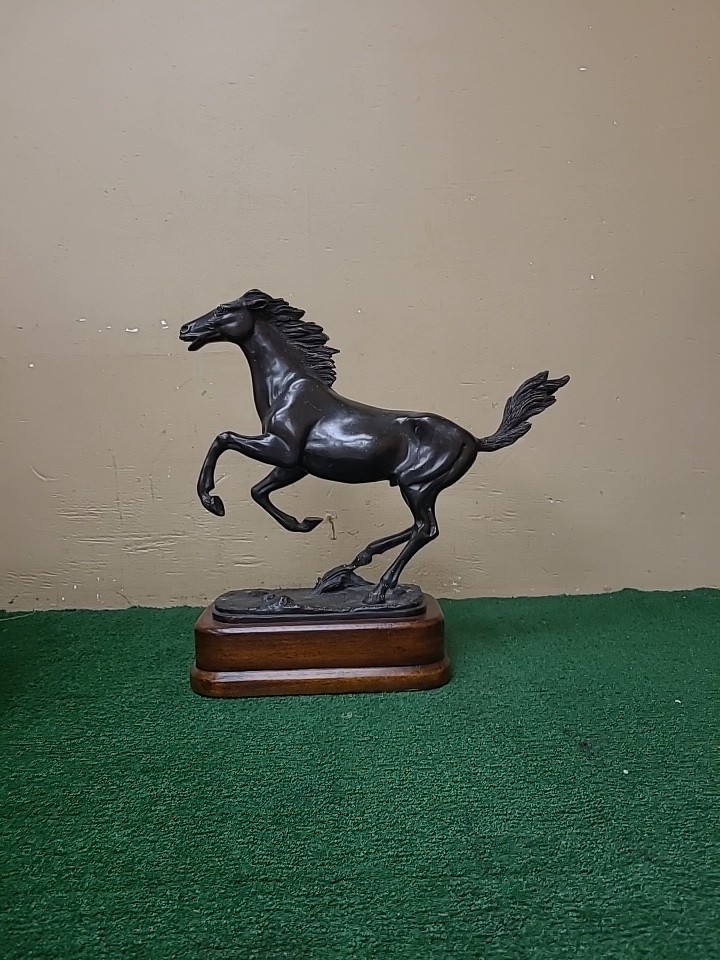 Vintage Maitland Smith Bronze Galloping Horse Sculpture/Wood Base (BFEB-08-105)