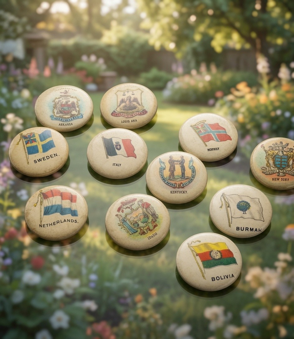 11 Different Celluloid Sweet Caporal Cigarettes States Pin Back Buttons