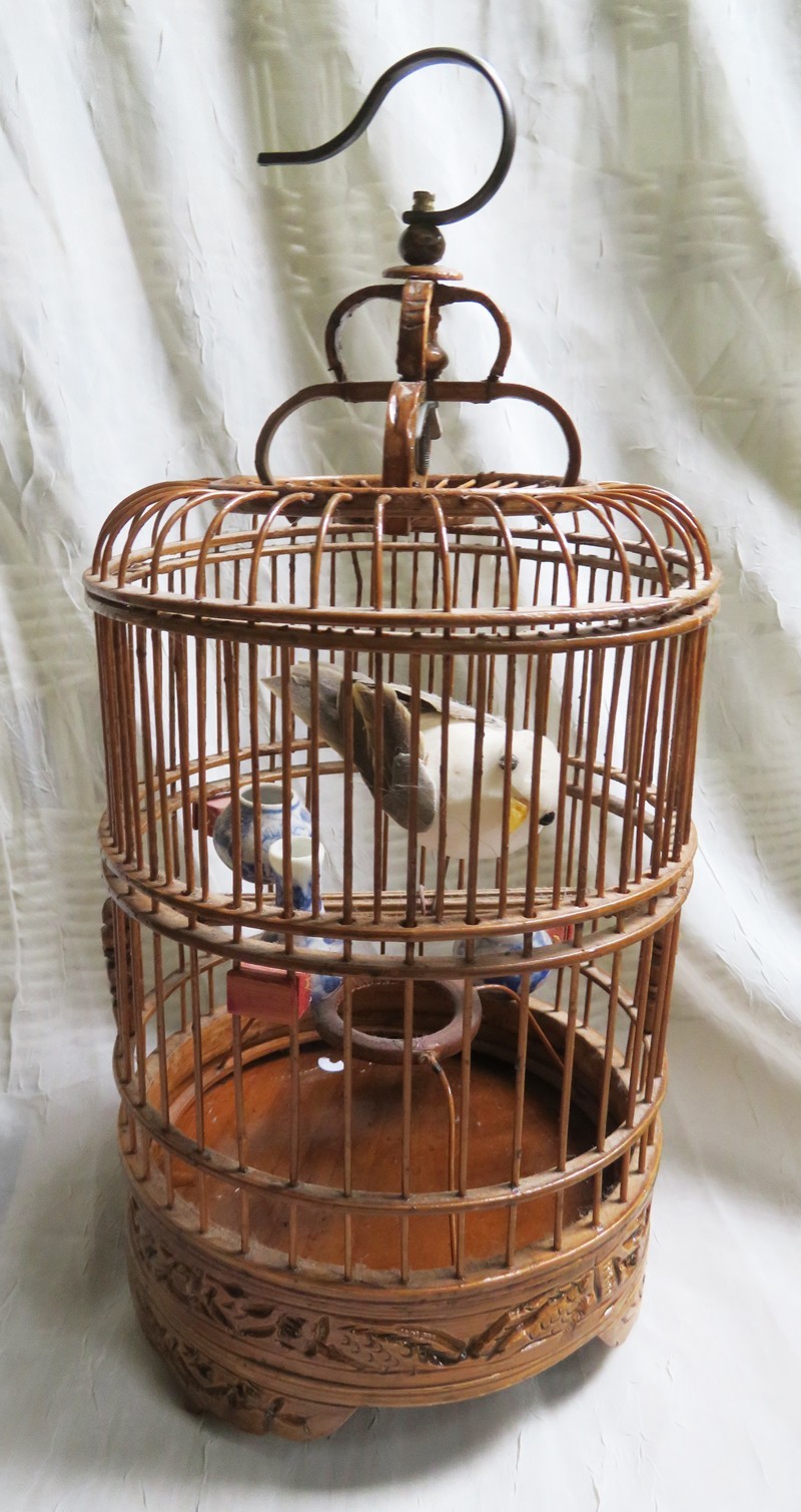 Vintage Chinese Bamboo Bird Cage Carved Wood Blue/White Porcelain Vase Feeders