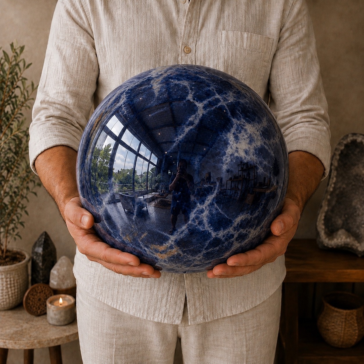 Large Natural Sodalite Crystal Sphere Blue Stone Ball Meditation Altar Decor