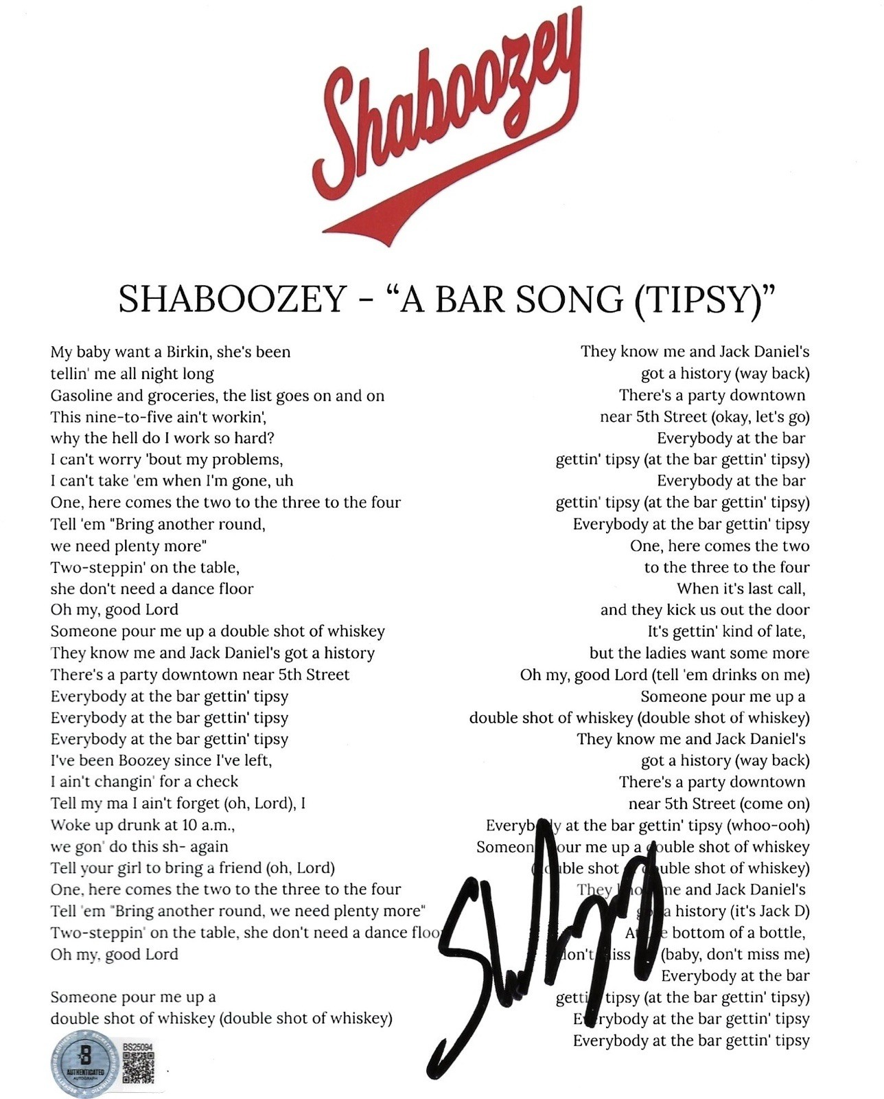 SHABOOZEY COUNTRY MUSIC AUTOGRAPHED “A BAR SONG TIPSY” LYRIC SHEET - BECKETT COA