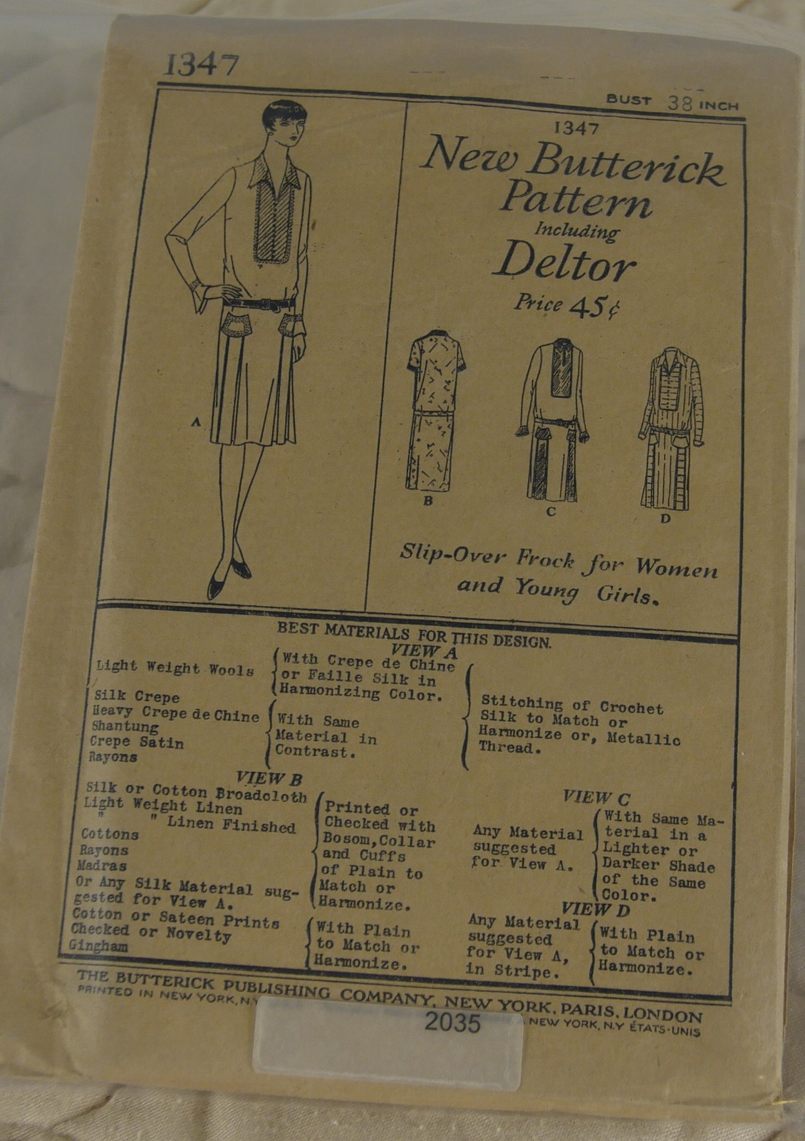 Butterick 1347 Slip-Over Frock Pattern Deltor, Bust 38 in, Vintage 1920s LTV #20