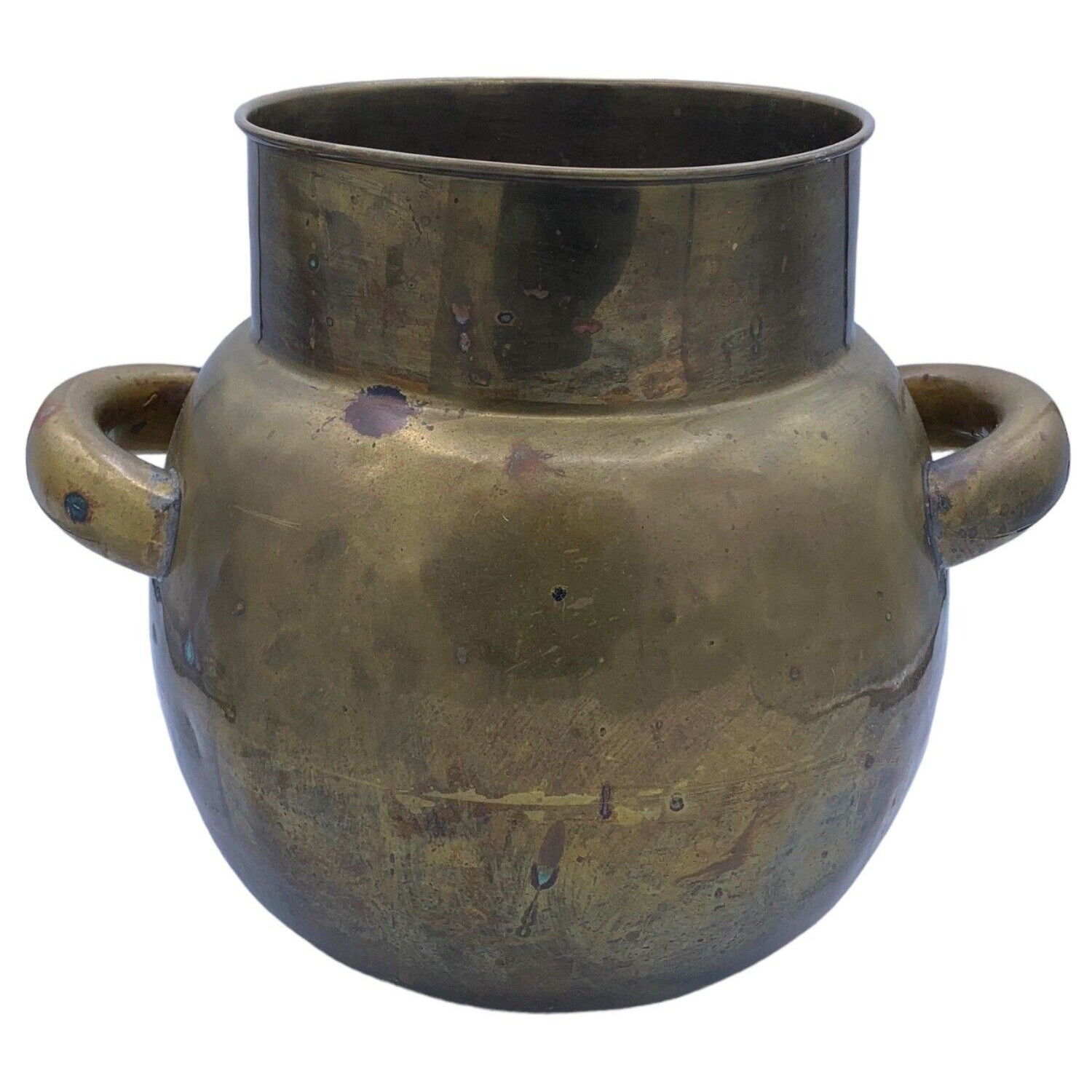 Vintage Brass Planter Water Pot Vessel Handmade Handles Patina Verdigris 12\
