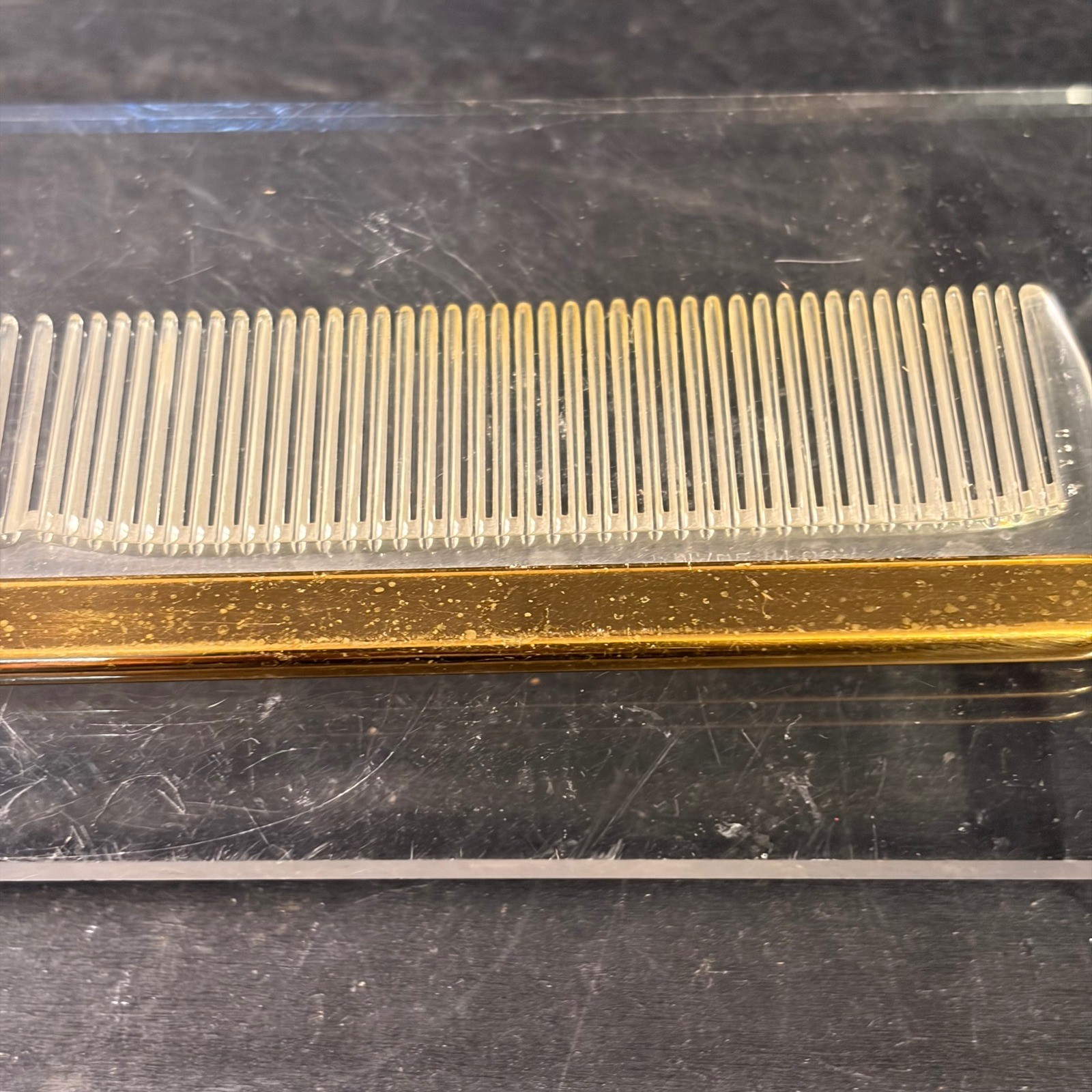 Vintage Lucite Hair Comb Gold Tone Metal Spine Clear Acrylic Made in USA 7 Inch
