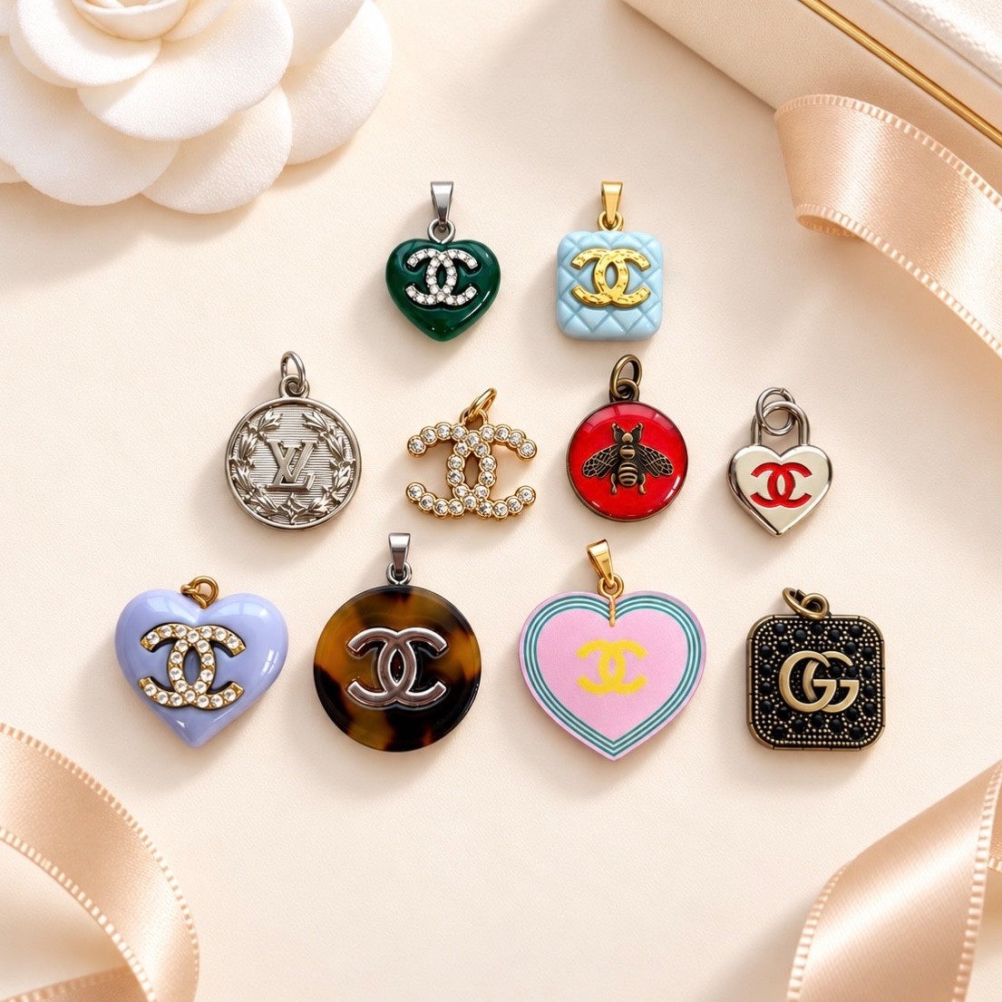 LOT OF 10 CC Chanel Zipper Pull Charm Heart Gold Stamped buttons pearl
