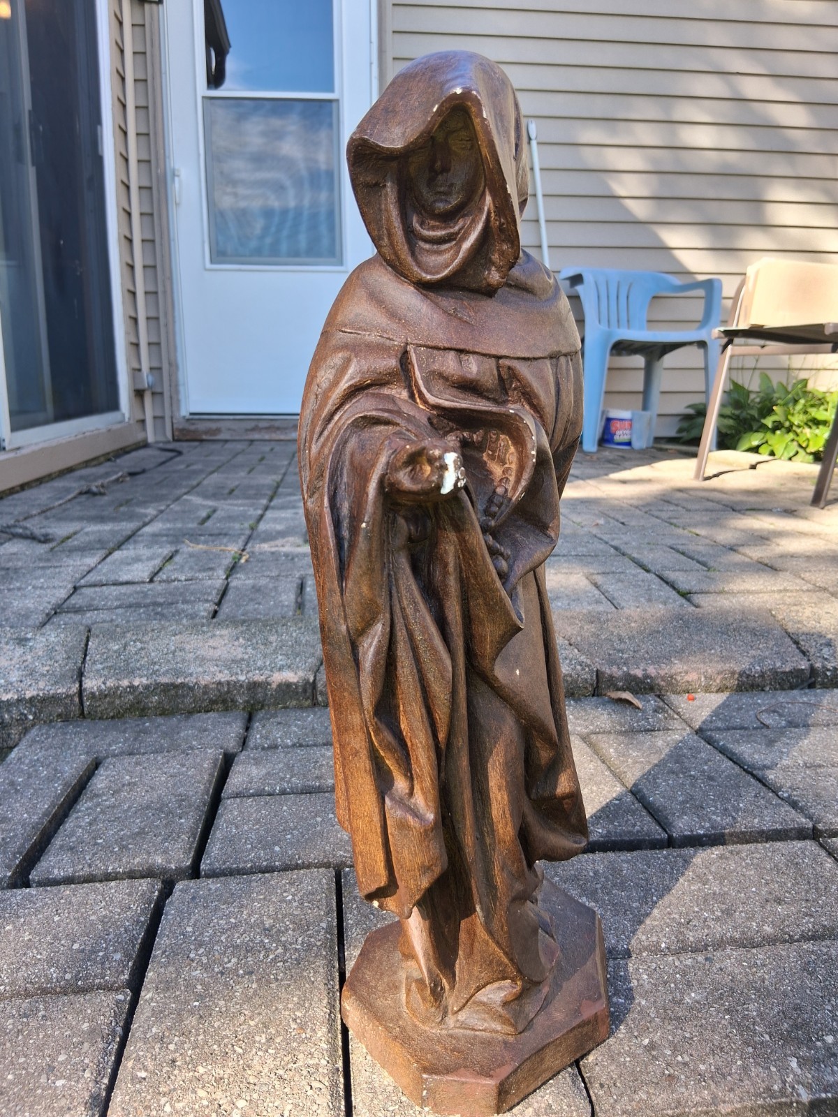 VIntage Esco chalkware / plaster statue of a hooded monk or saint, mourner.