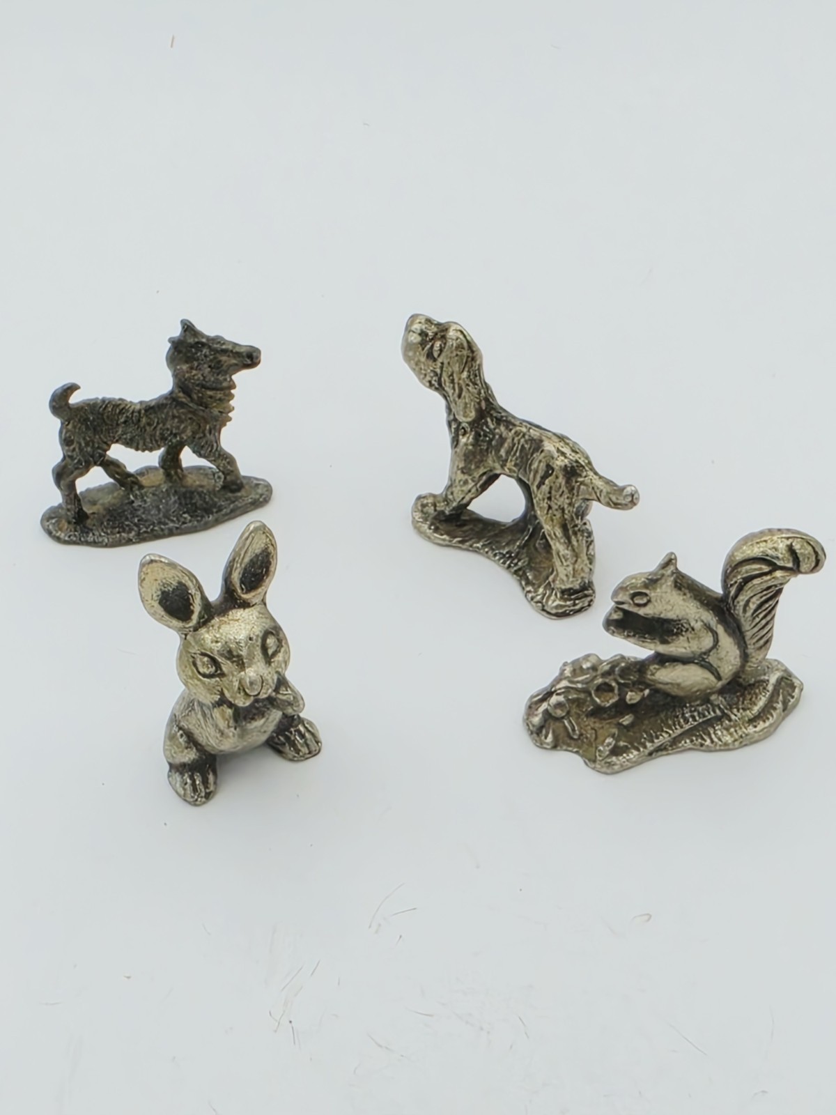 Vintage Miniature Pewter Animal Figurines Lot Rabbit Squirrel Dogs Set of 4