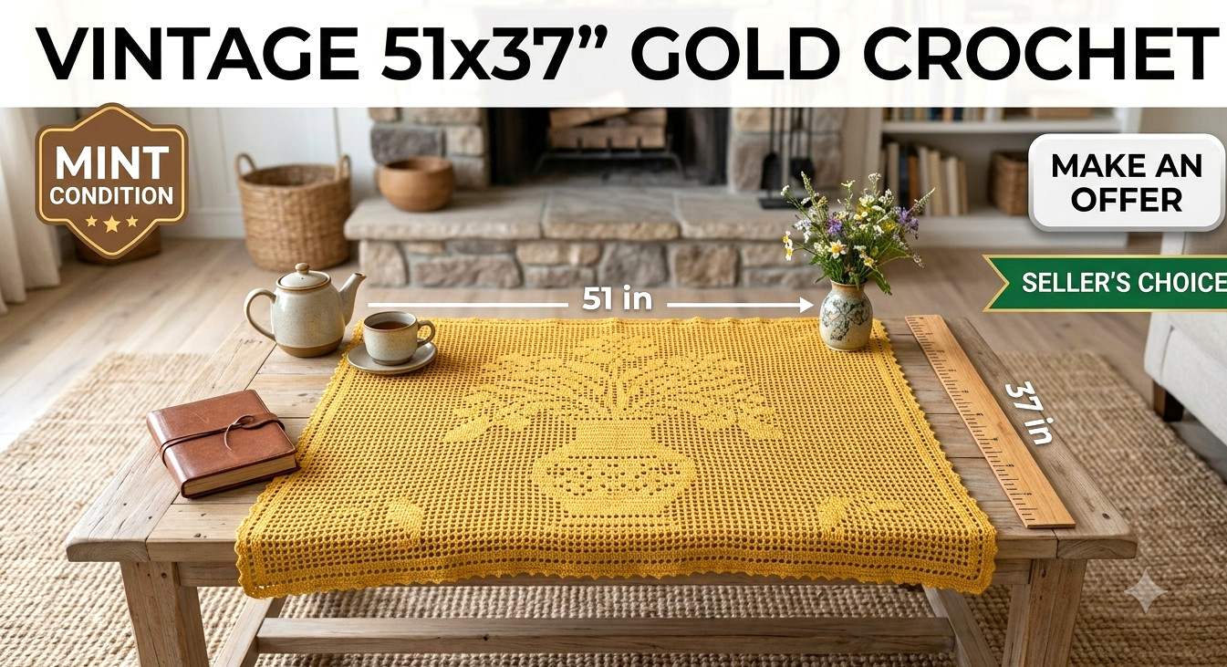Vintage Gold Crochet Lace Table Runner Topper Boho Cottagecore Decor 51 x 37