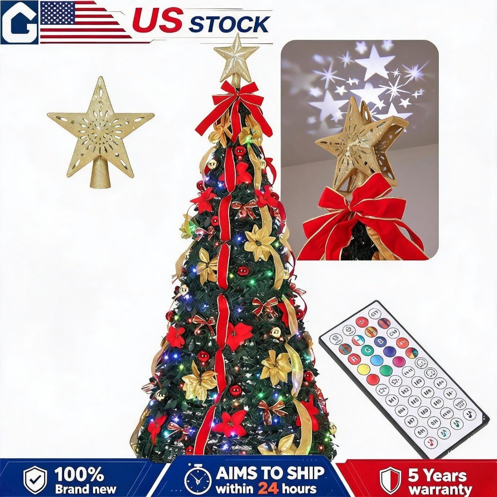 6 FT Pop Up Christmas Tree Pre-Lit 200 LED Lights with Projection Topper Remote
