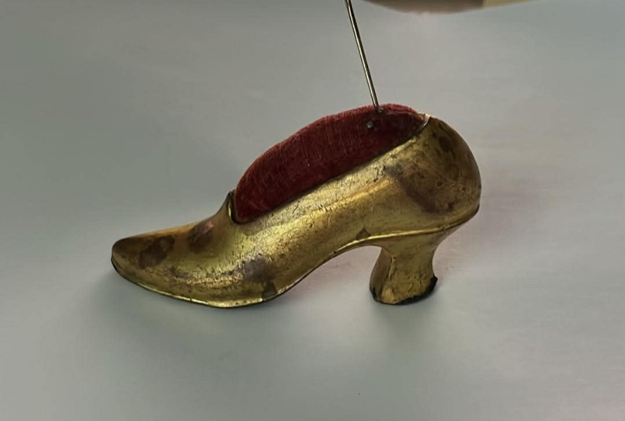 Antique Victorian Brass High Heeled Shoe Pin Cushion Red Velvet