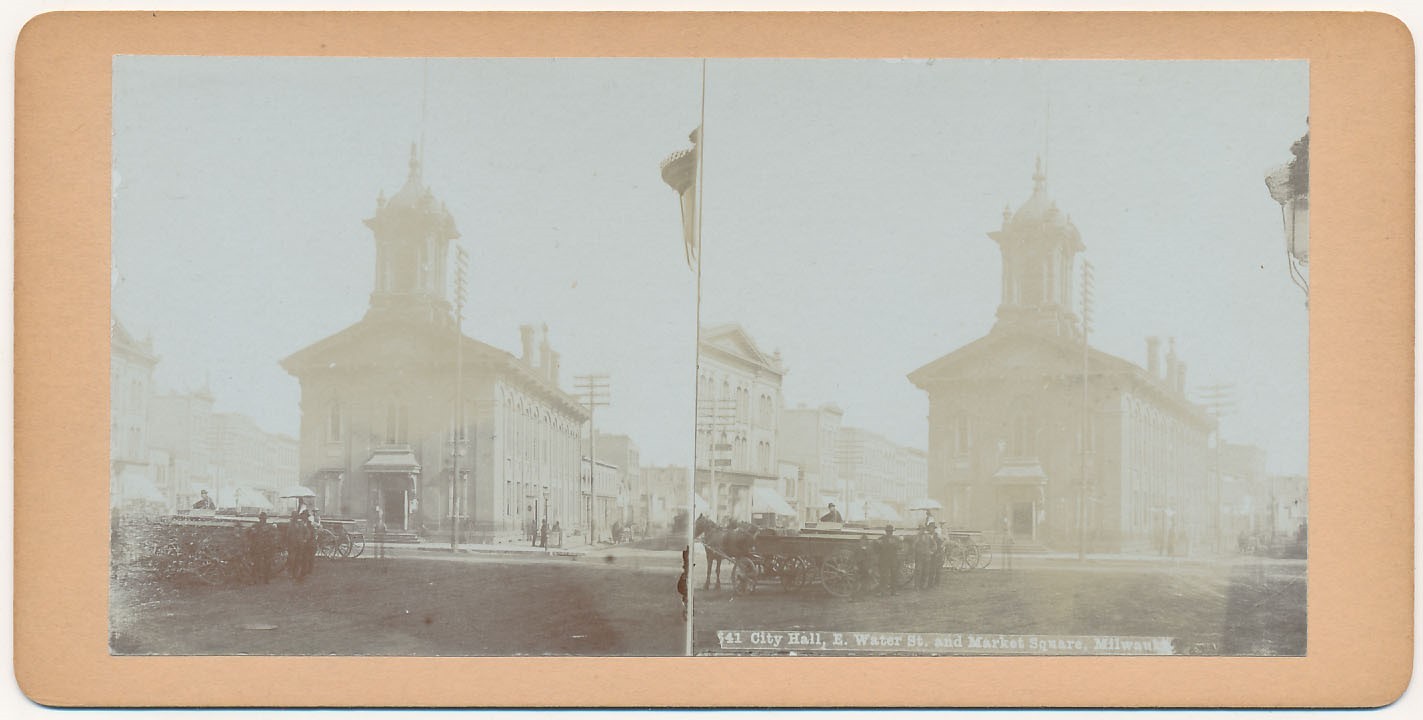 WISCONSIN STEREOVIEW - Milwaukee - City Hall & Market Square - 1890s