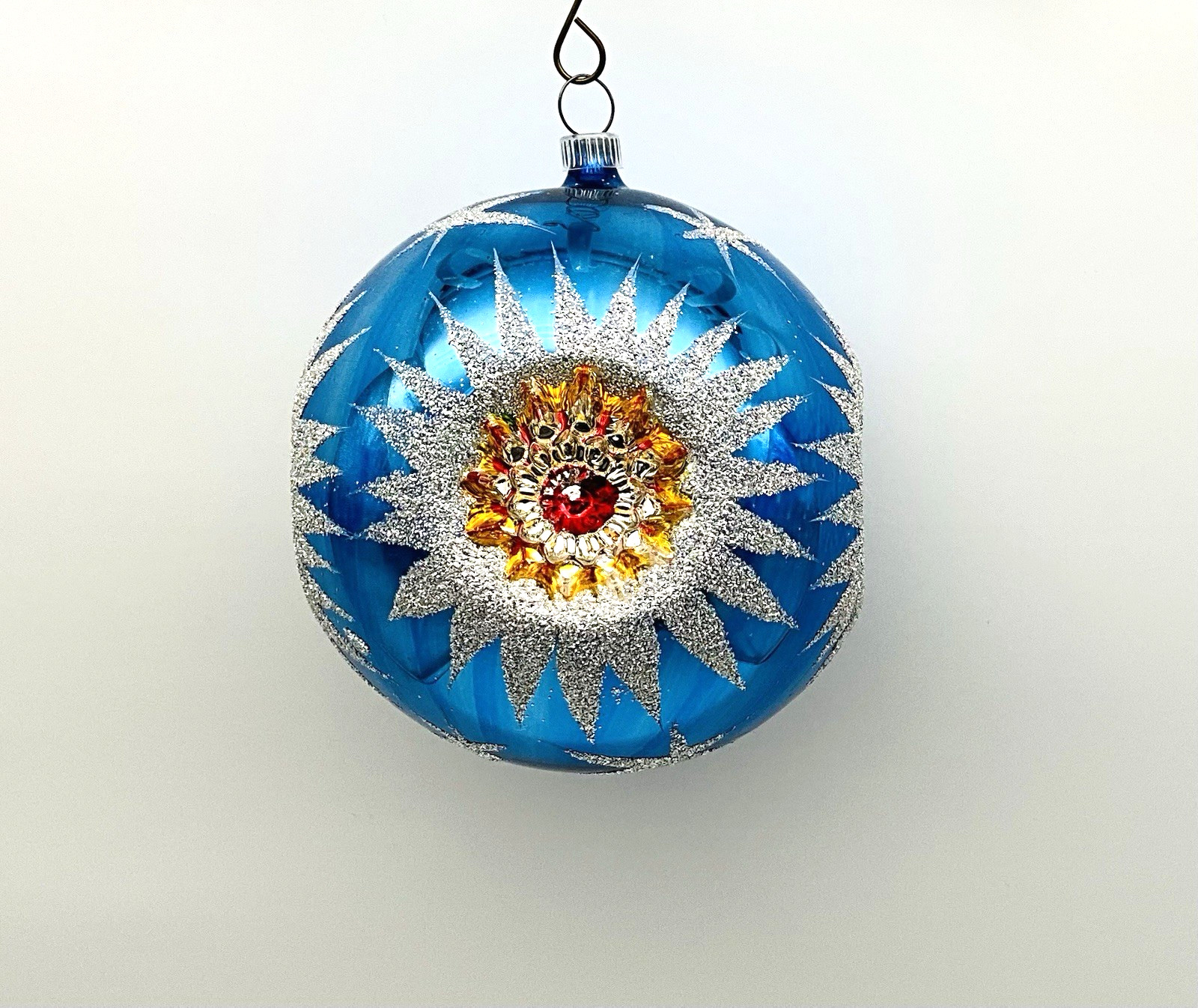 Vintage West Germany 4 Reflector Jumbo Ornament Cobalt Blue Silver Mica 4.25”