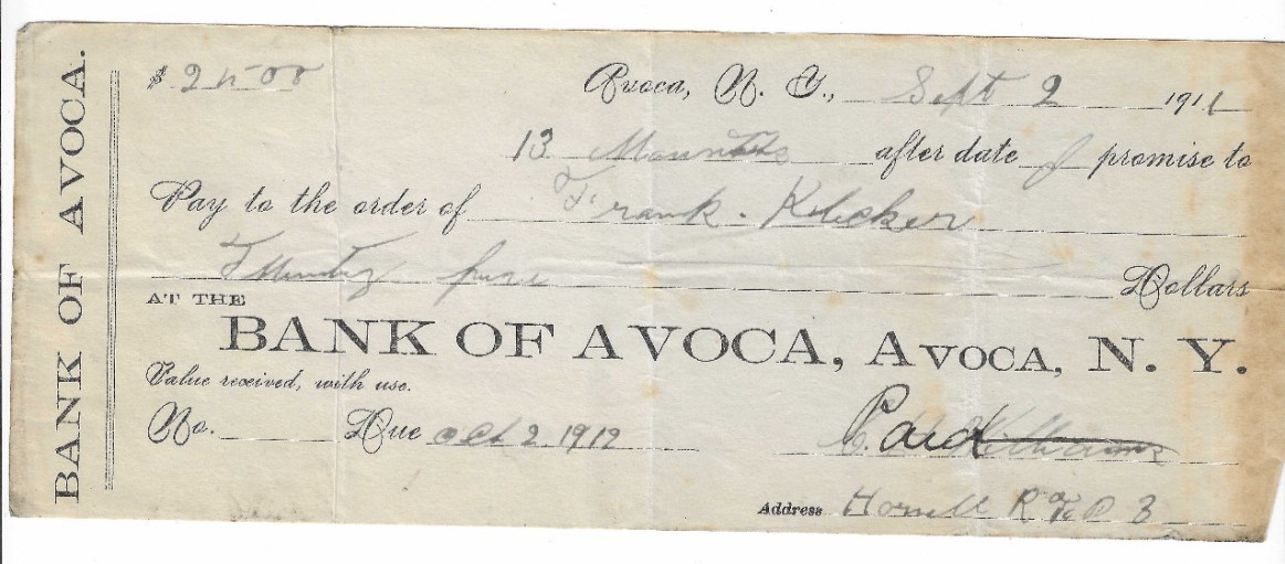 1911 Check, Bank of Avoca, Avoca, NY, To Frank Klickler (Hornell NY?)