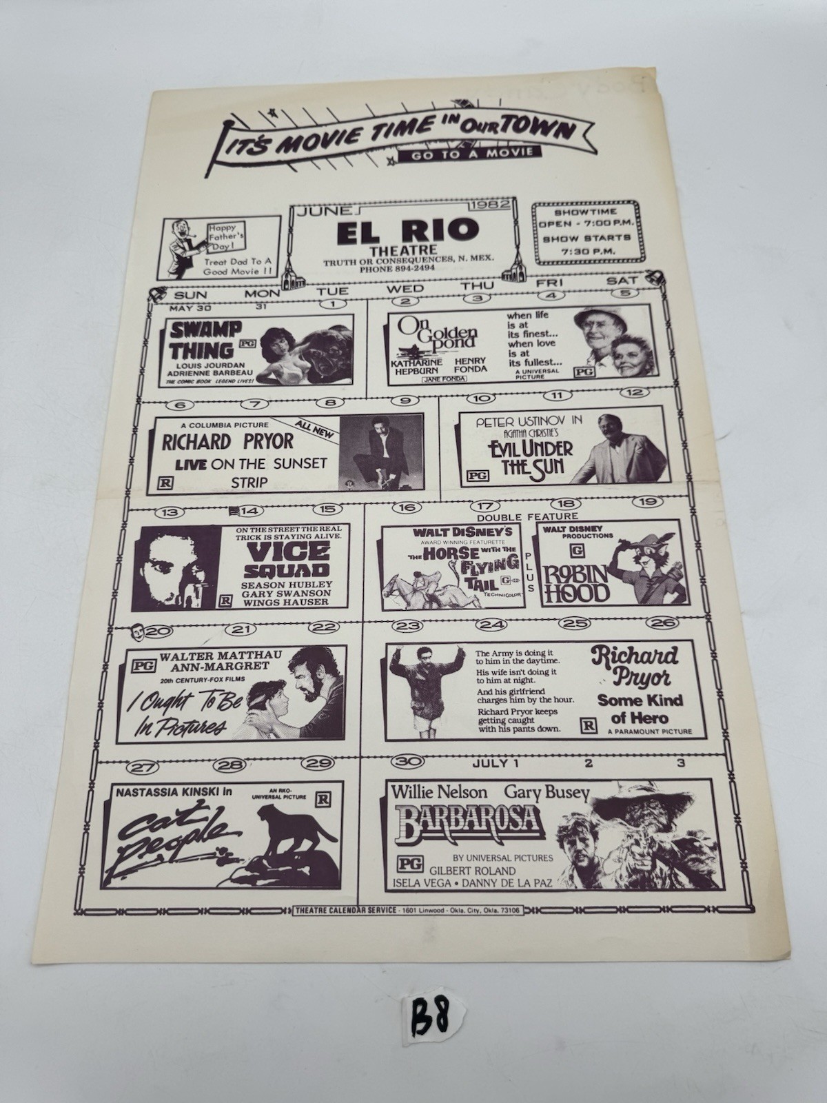 June 1982 El Rio Theatre Truth or Consequences New Mexico Movie Calendar Poster