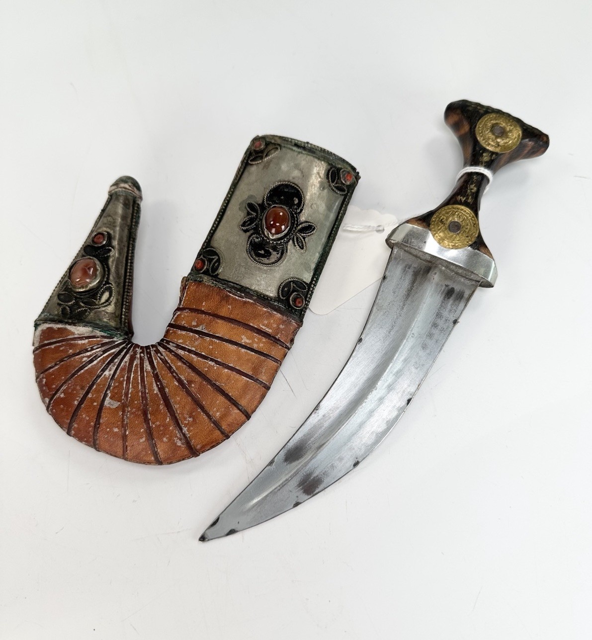 Antique 19-20th C Arabic Yemeni Dagger Jamibya W Stone Inlaid Agates Intricate