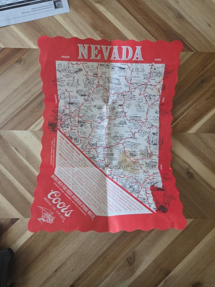 VINTAGE PAPER MAT SOUVENIR MAP OF NEVADA COORS BEER 1970's RARE Bar Placemat 