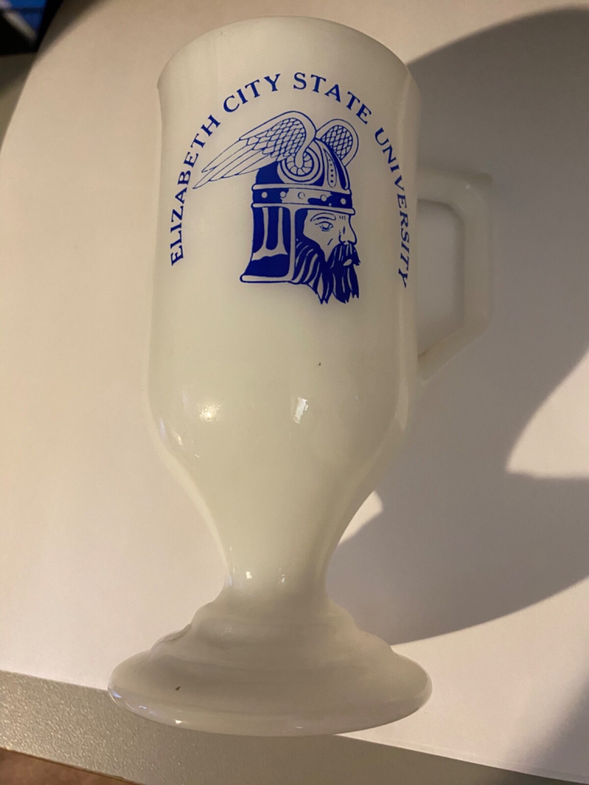 VINTAGE Elizabeth City State University Vikings Milk Glass Footed Handled Glass