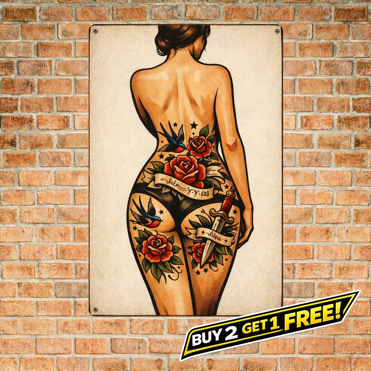 Back View Tattoo Pinup Figure Illustration Metal Art Sign